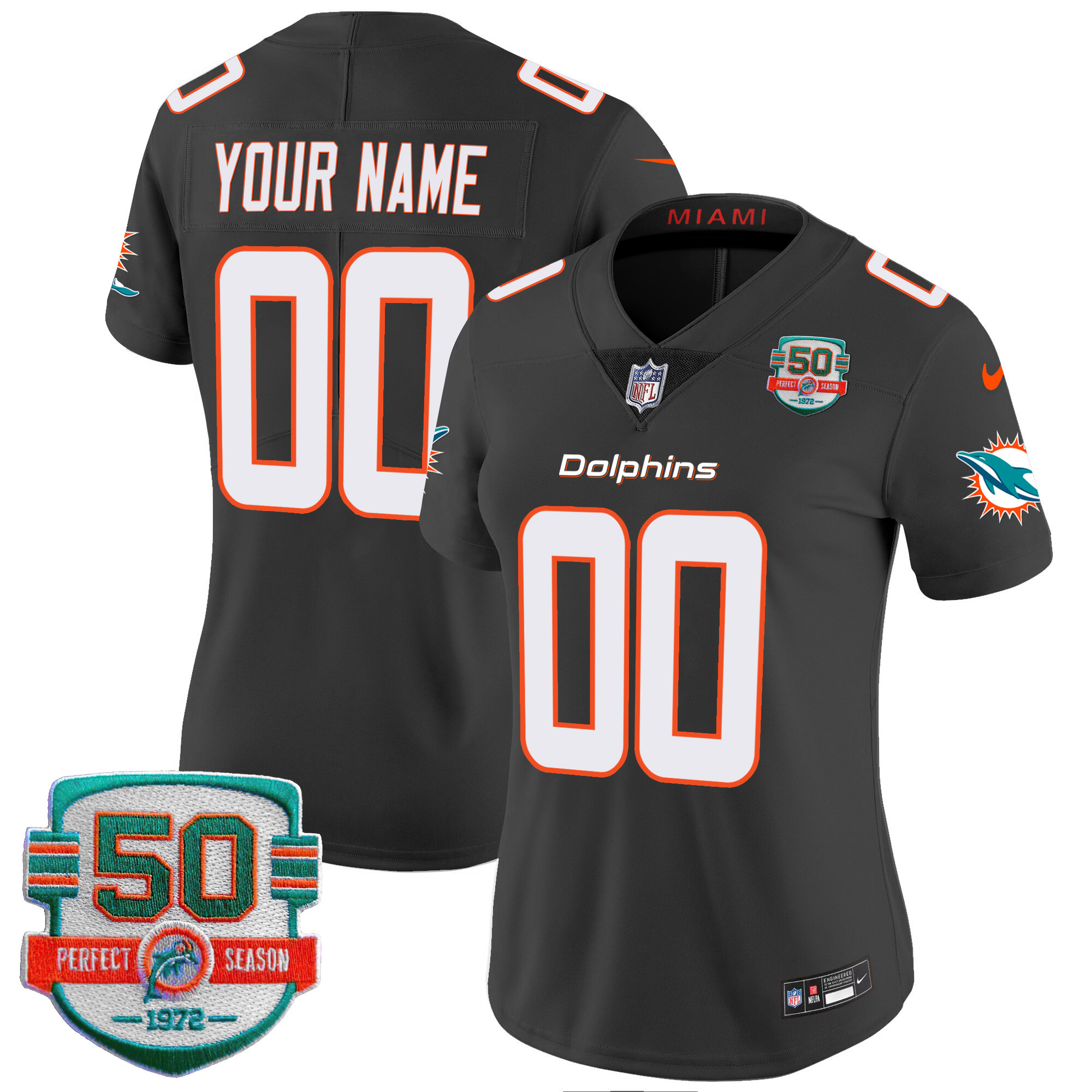 Miami Dolphins 50th 1972 Perfect Season Patch Vapor Custom Black Jersey - All Stitched 