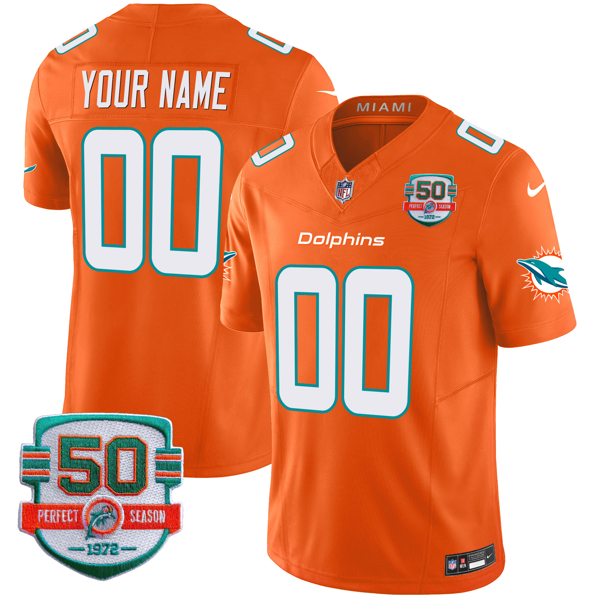 Miami Dolphins 50th 1972 Perfect Season Patch Vapor Custom Orange Jersey - All Stitched 