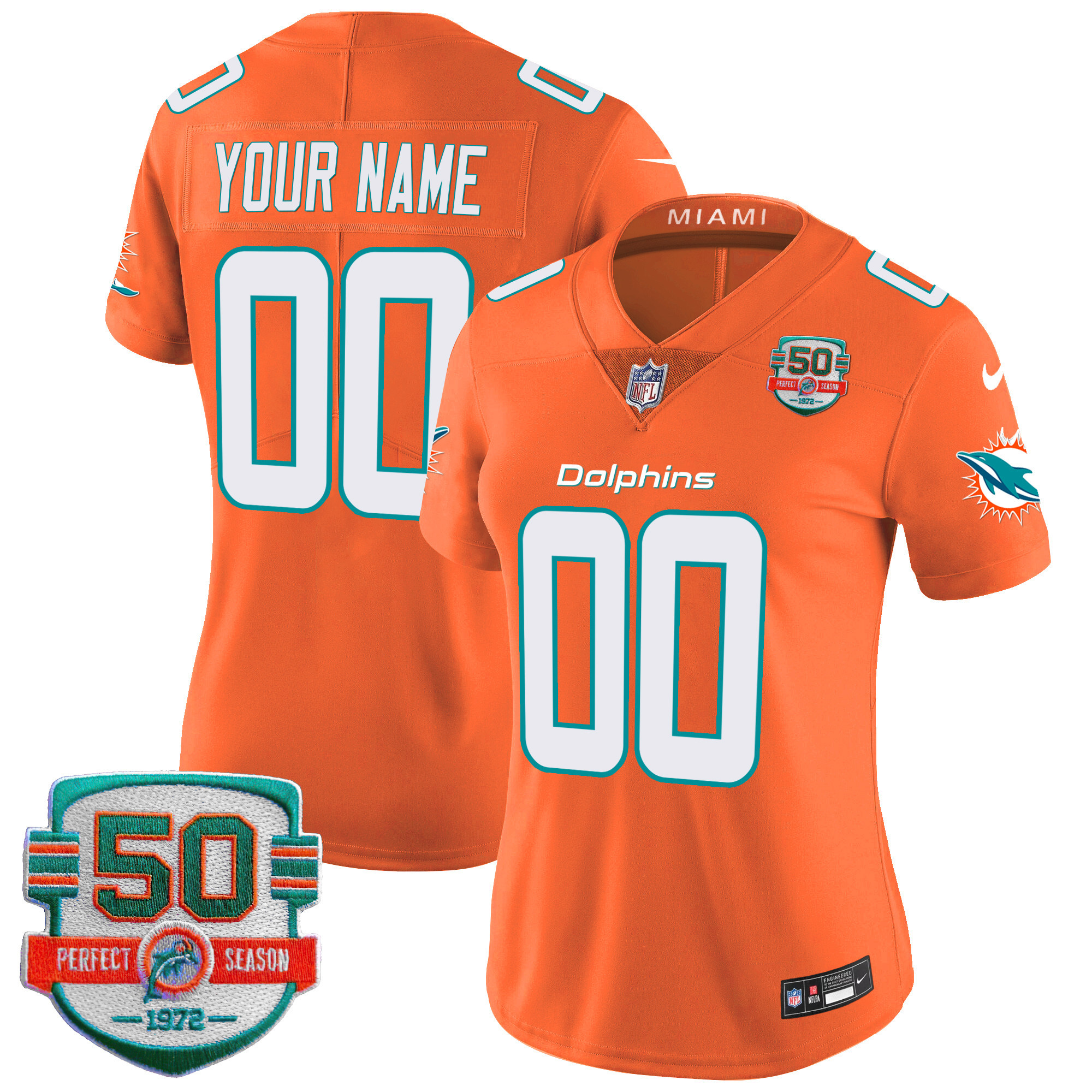 Miami Dolphins 50th 1972 Perfect Season Patch Vapor Custom Orange Jersey - All Stitched 