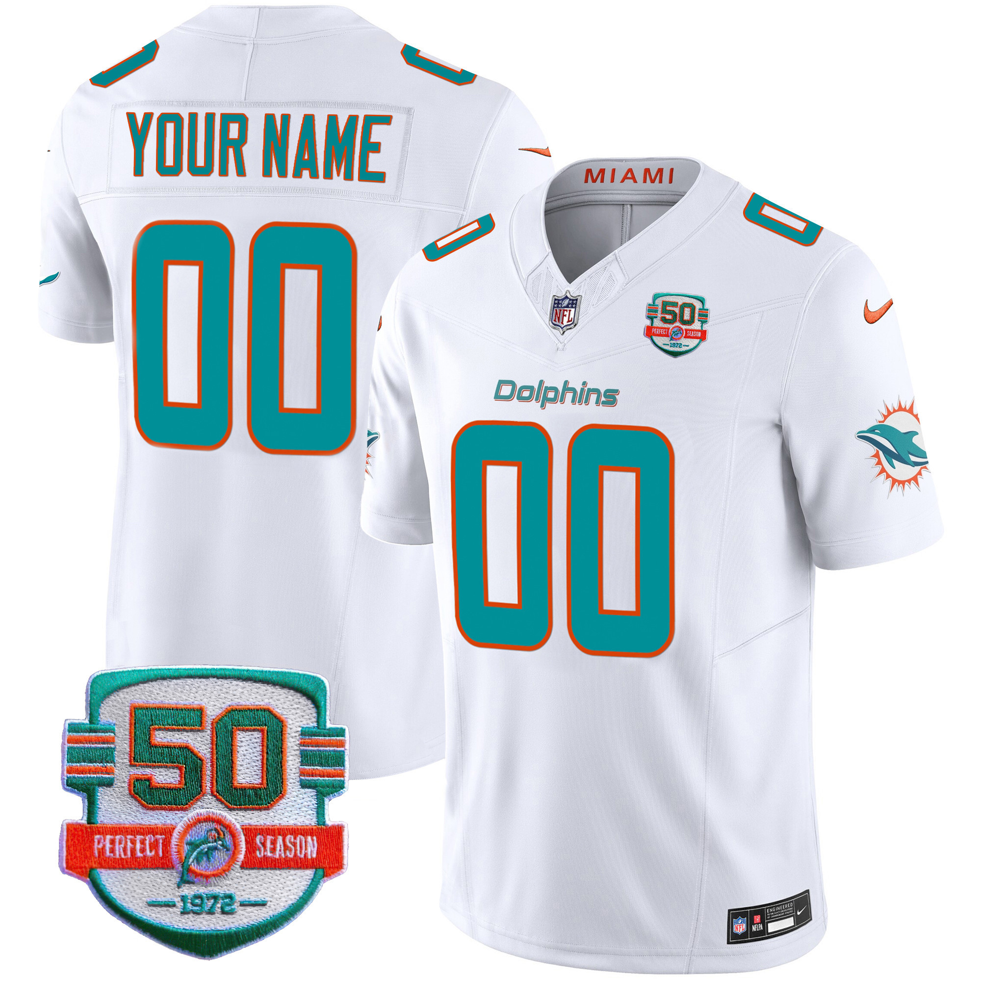 Miami Dolphins 50th 1972 Perfect Season Patch Vapor Custom White Jersey - All Stitched 