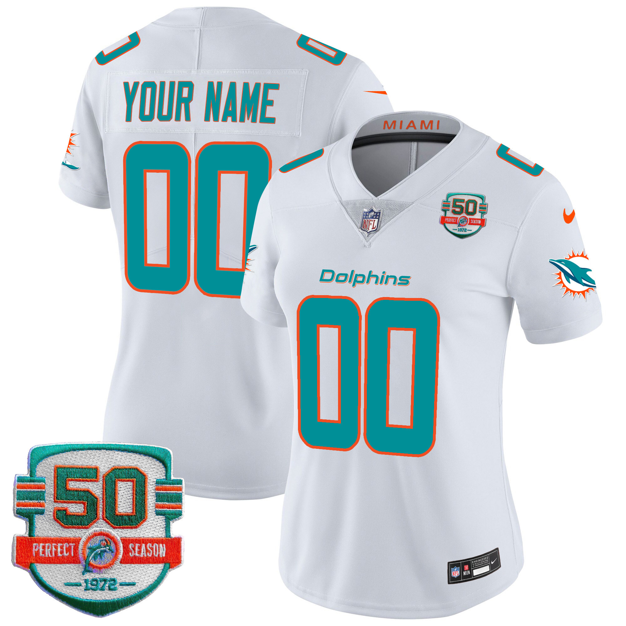 Miami Dolphins 50th 1972 Perfect Season Patch Vapor Custom White Jersey - All Stitched 