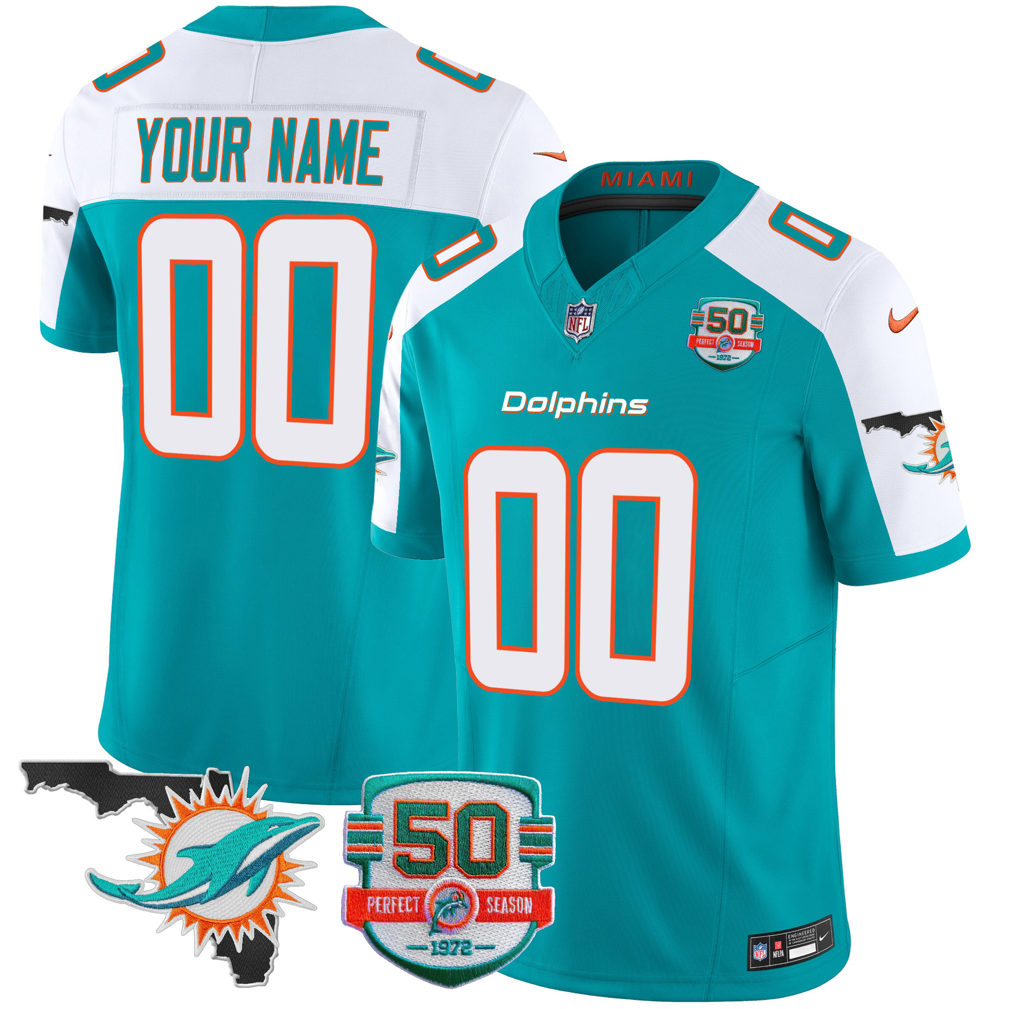 Miami Dolphins 50th Perfect Season & Florida Patch Vapor Custom Aqua Alternate Jersey - All Stitched 