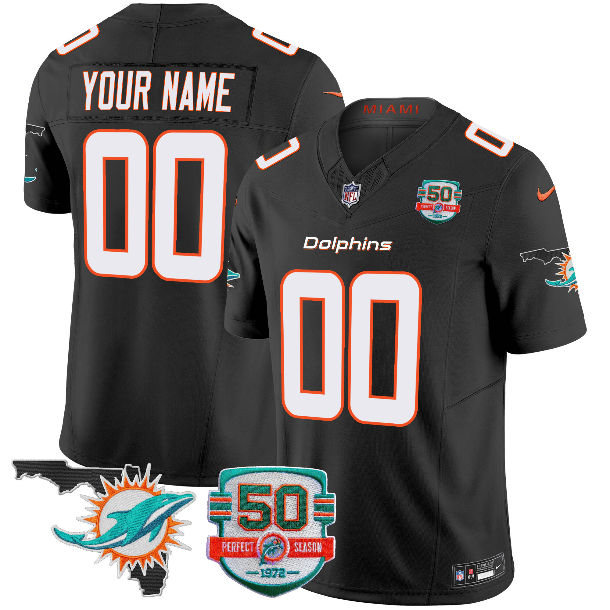 Miami Dolphins 50th Perfect Season & Florida Patch Vapor Custom Black Jersey - All Stitched 
