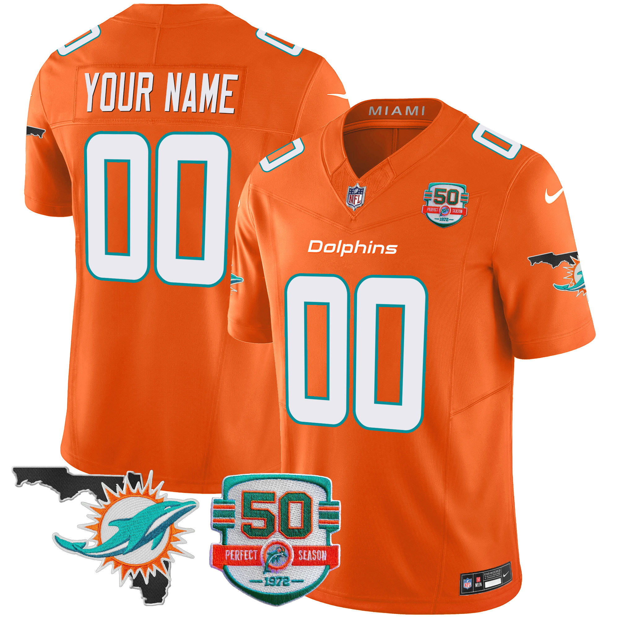 Miami Dolphins 50th Perfect Season & Florida Patch Vapor Custom Orange Jersey - All Stitched 