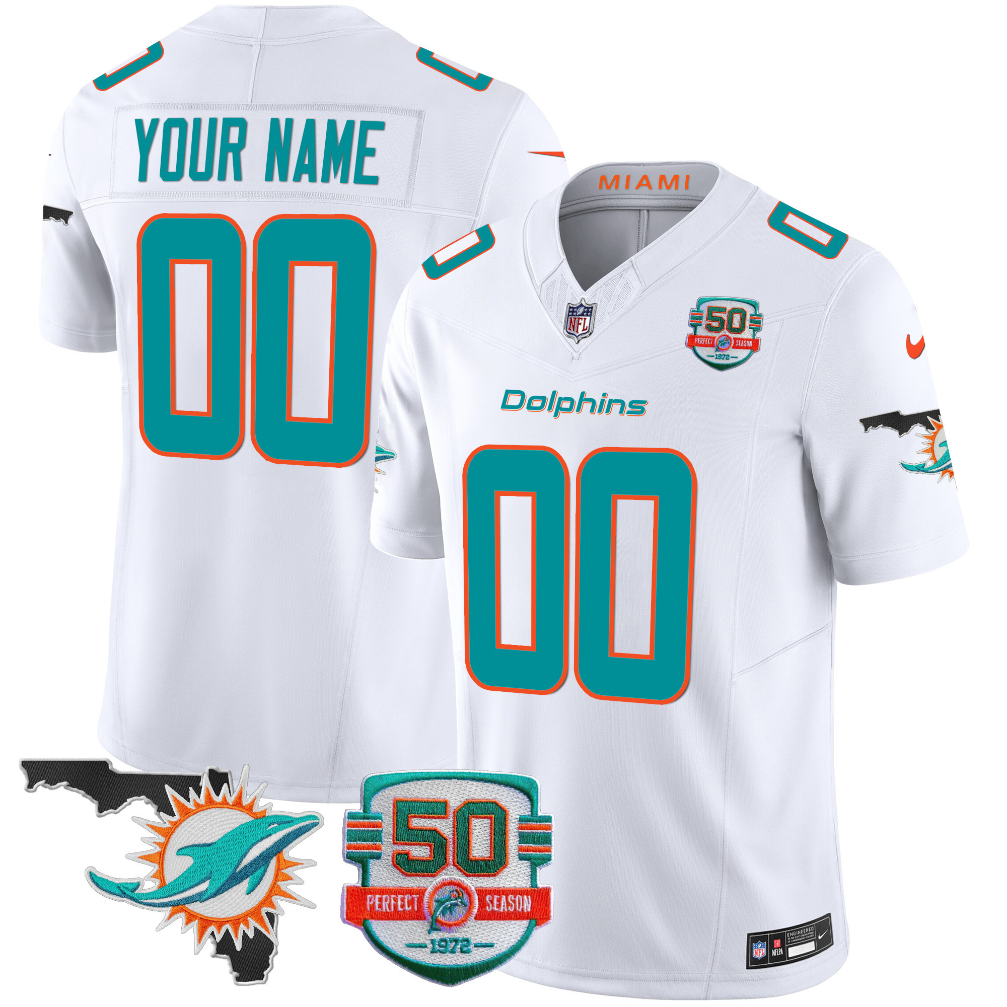 Miami Dolphins 50th Perfect Season & Florida Patch Vapor Custom White Jersey - All Stitched 