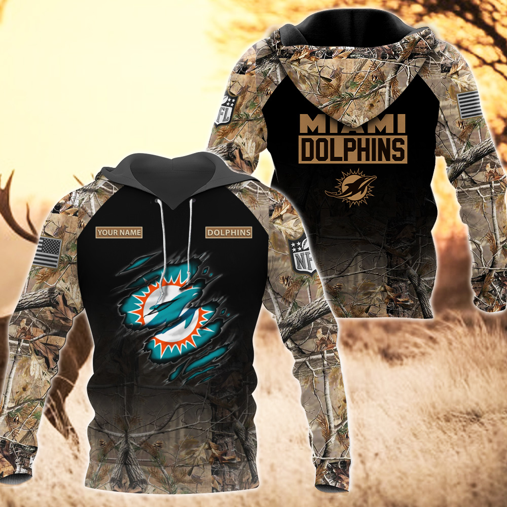 Miami Dolphins Custom Name Hunting Camo Hoodie