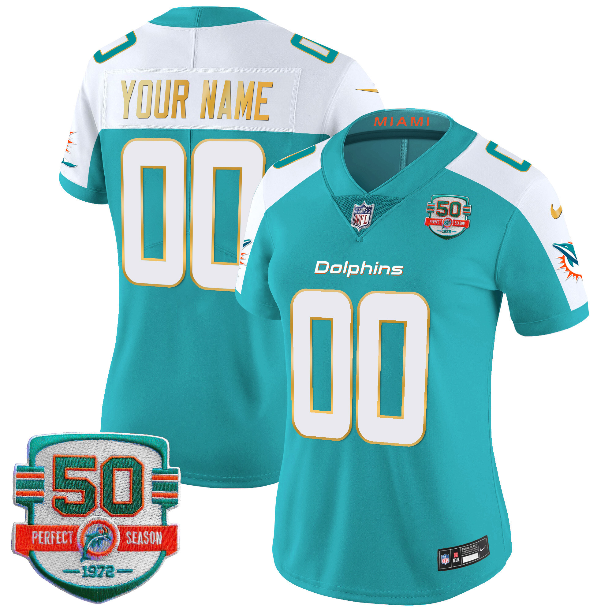 Miami Dolphins Gold Trim Vapor Limited Custom Aqua Alternate Jersey - All Stitched 