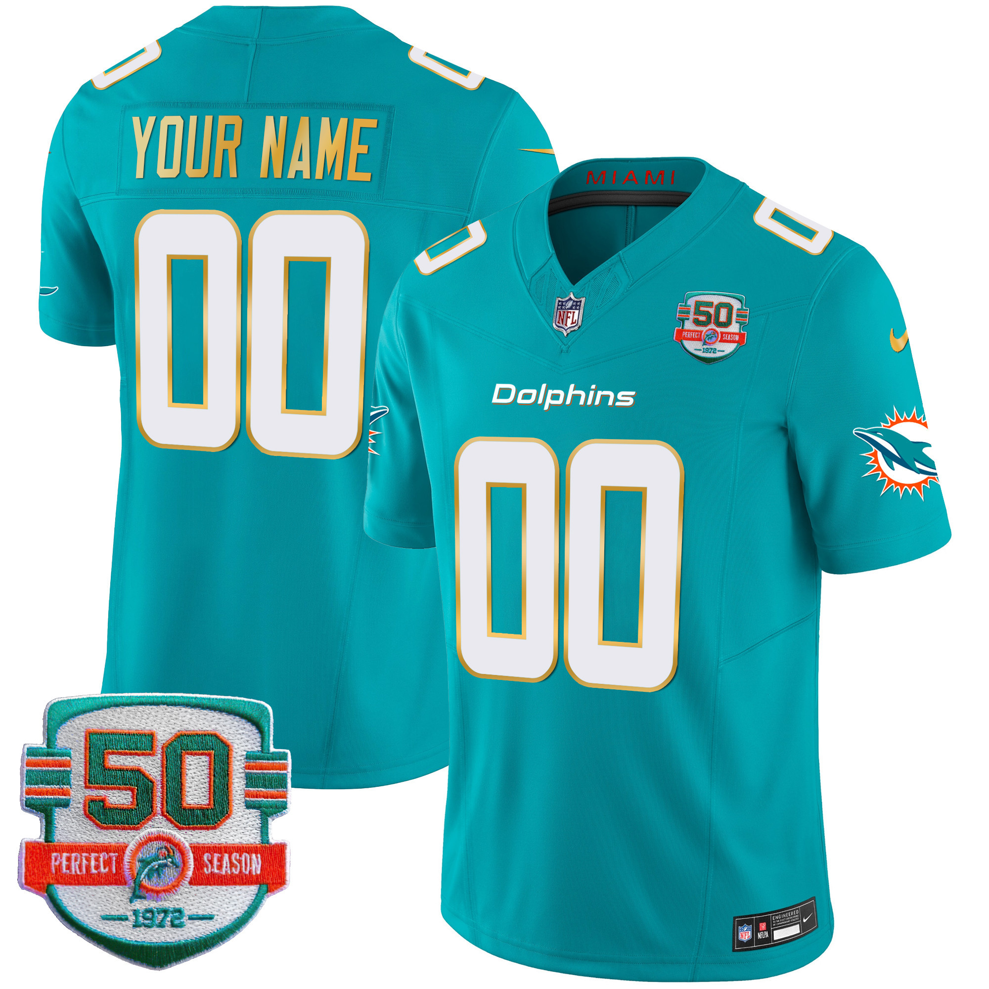 Miami Dolphins Gold Trim Vapor Limited Custom Aqua Jersey - All Stitched 