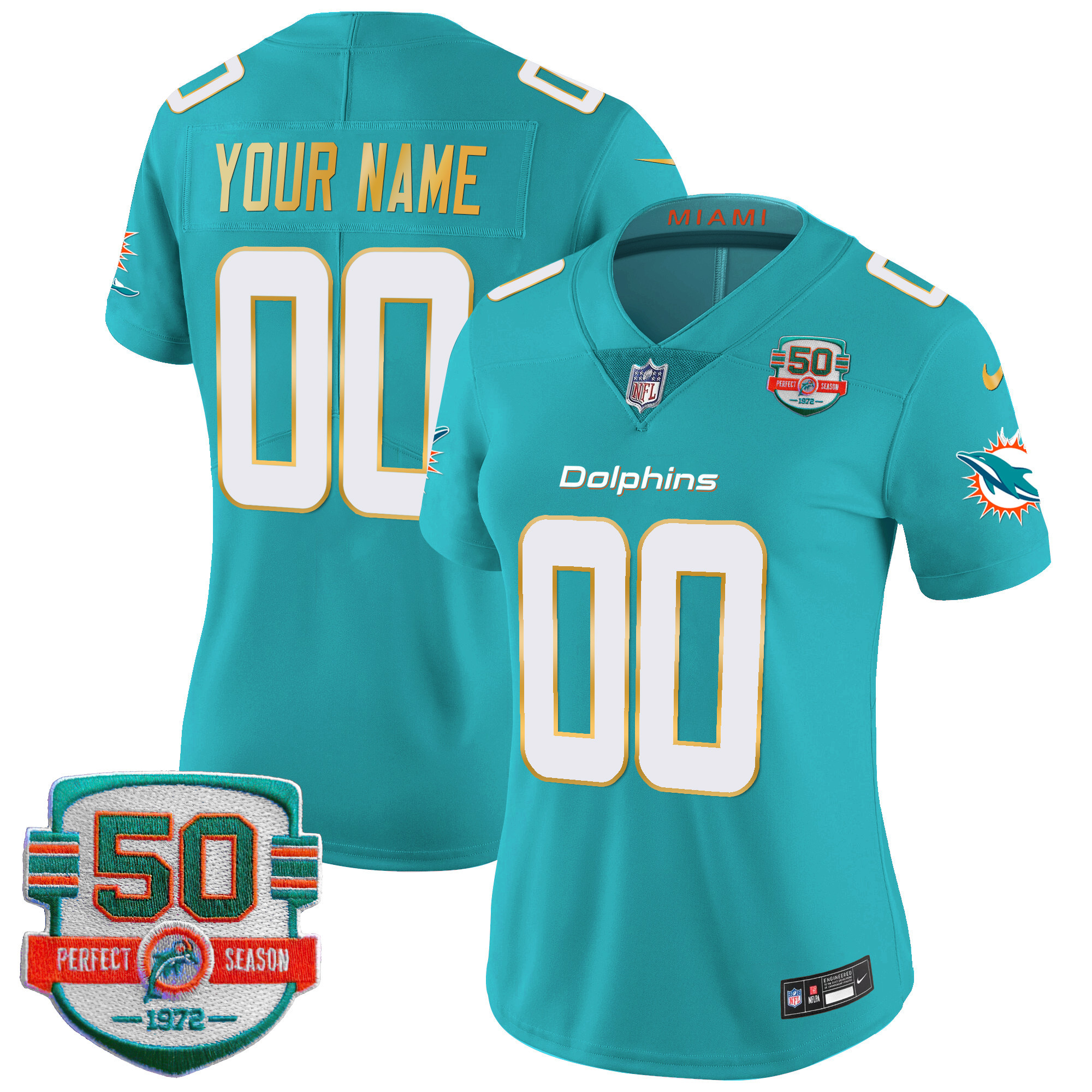 Miami Dolphins Gold Trim Vapor Limited Custom Aqua Jersey - All Stitched 