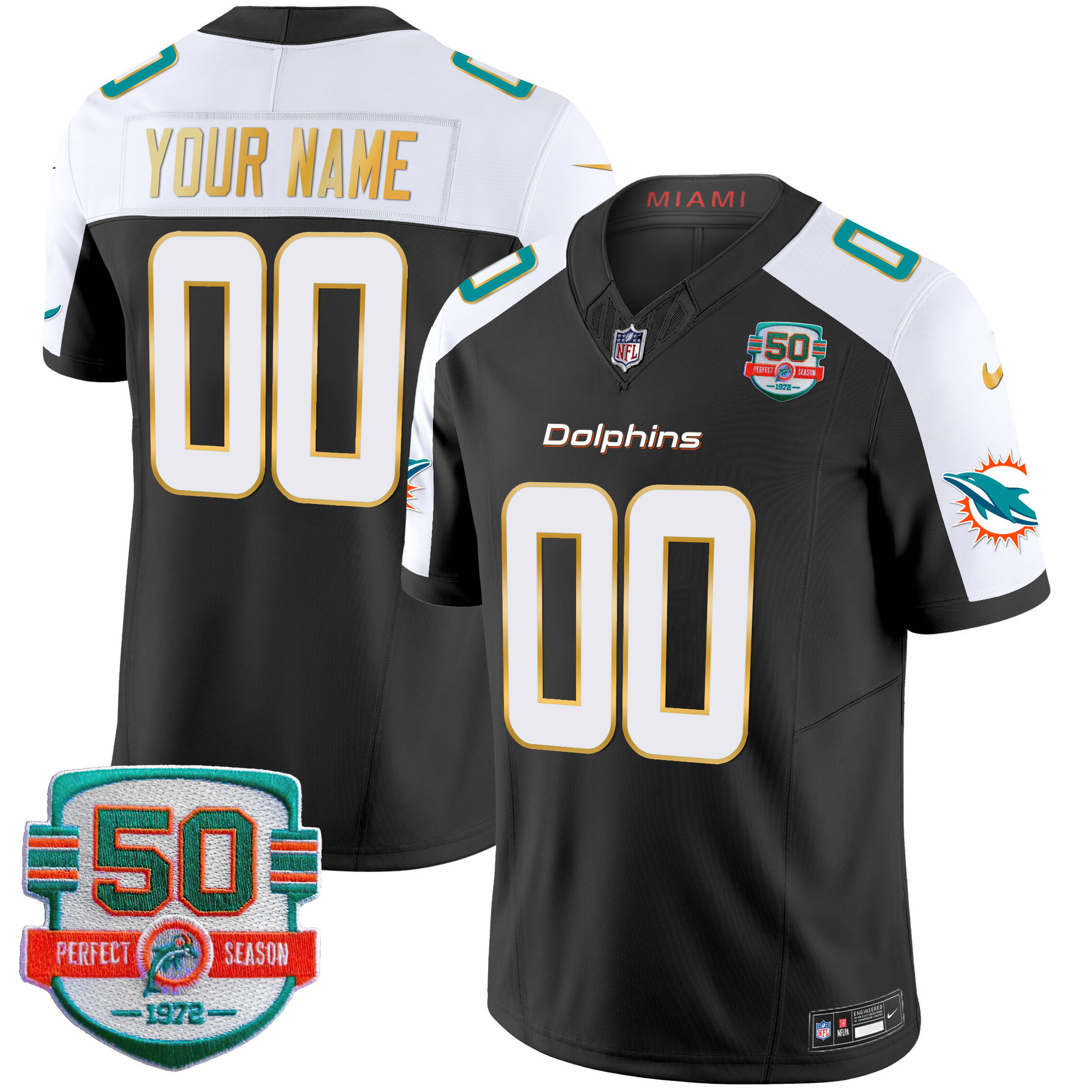 Miami Dolphins Gold Trim Vapor Limited Custom Black Alternate Jersey - All Stitched 