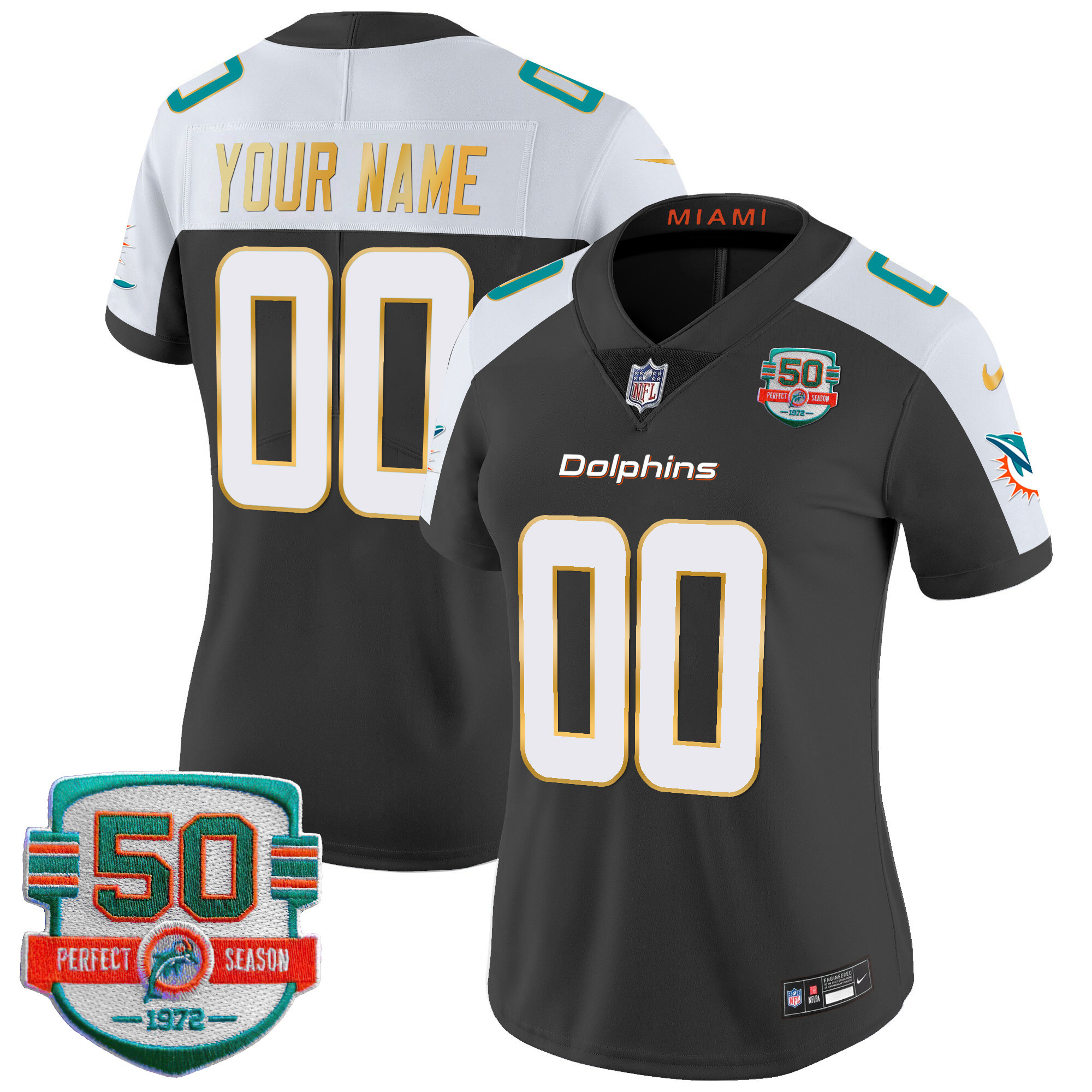 Miami Dolphins Gold Trim Vapor Limited Custom Black Alternate Jersey - All Stitched 