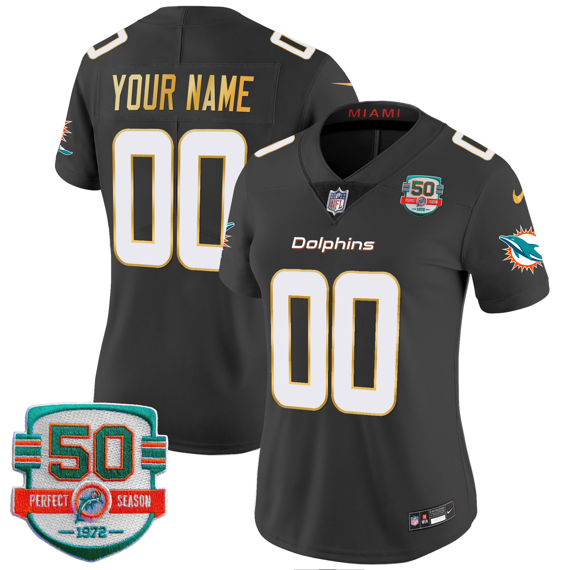 Miami Dolphins Gold Trim Vapor Limited Custom Black Jersey - All Stitched 