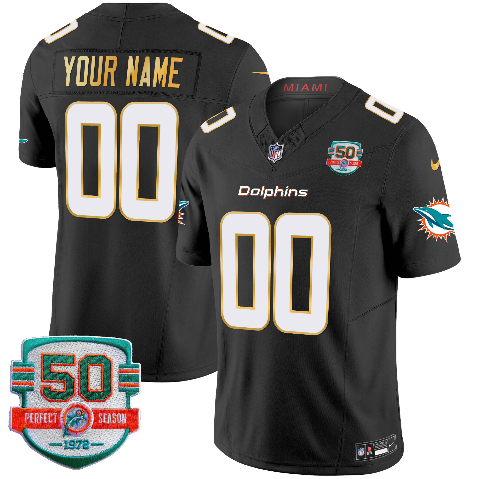 Miami Dolphins Gold Trim Vapor Limited Custom Black Jersey - All Stitched 