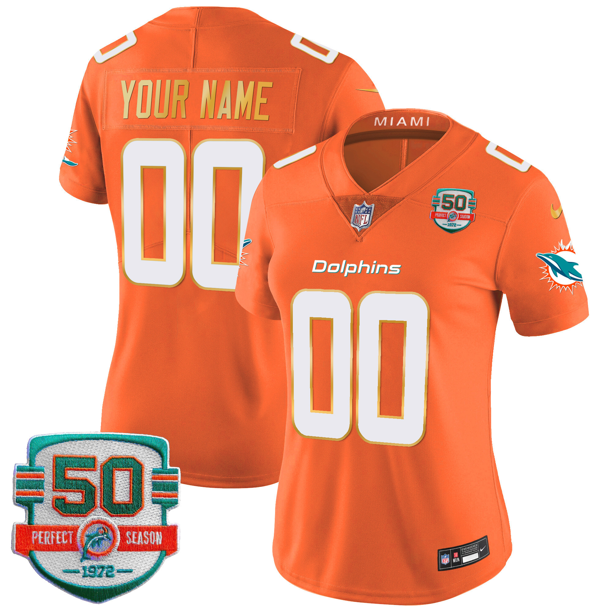 Miami Dolphins Gold Trim Vapor Limited Custom Orange Jersey - All Stitched 