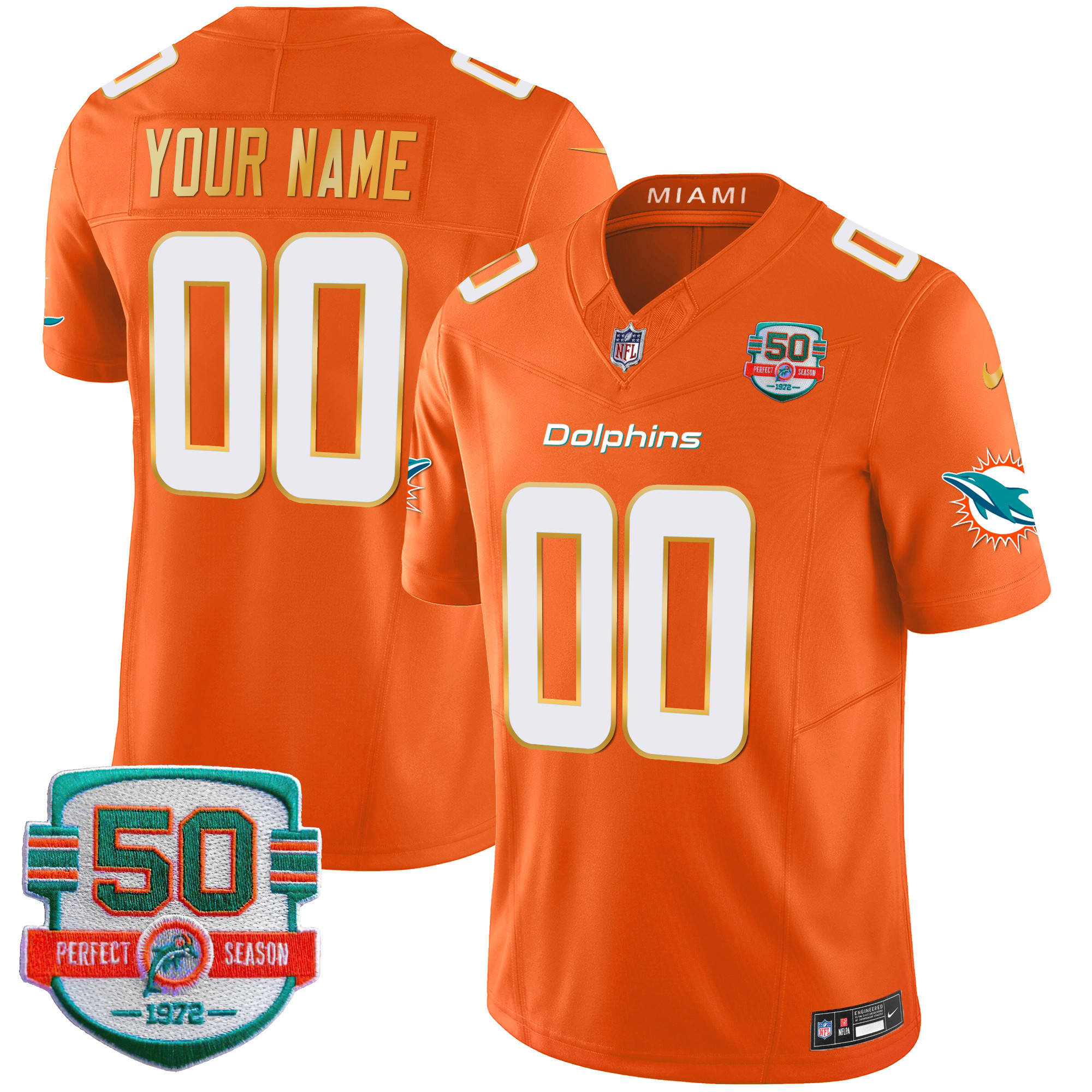 Miami Dolphins Gold Trim Vapor Limited Custom Orange Jersey - All Stitched 