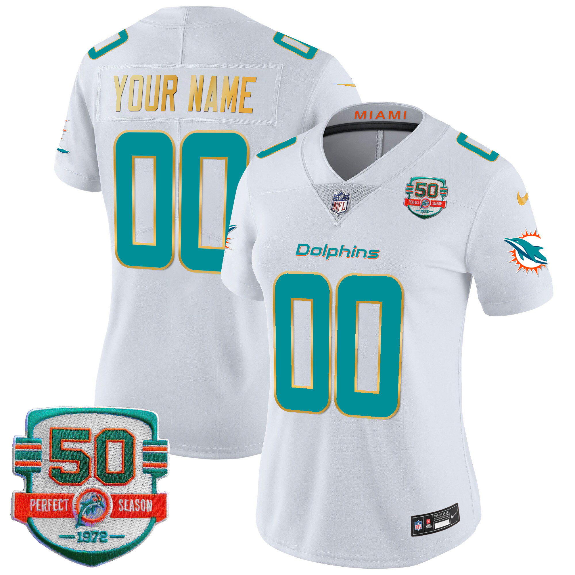 Miami Dolphins Gold Trim Vapor Limited Custom White Jersey - All Stitched 