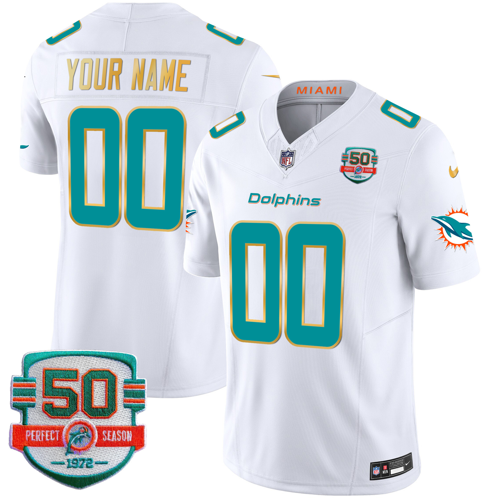 Miami Dolphins Gold Trim Vapor Limited Custom White Jersey - All Stitched 