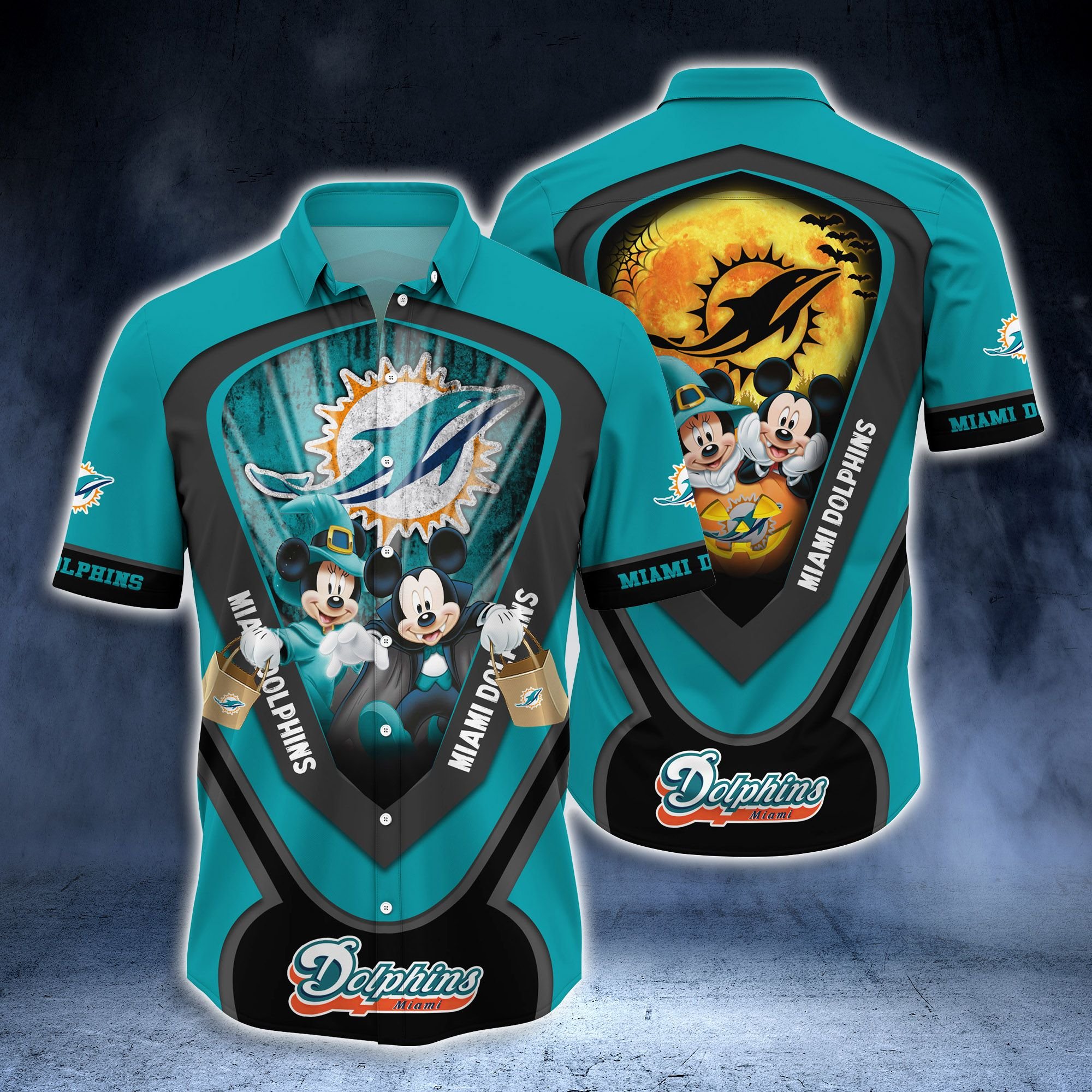 Miami Dolphins Mickey and Minnie Big Moon Hawaiian Shirt