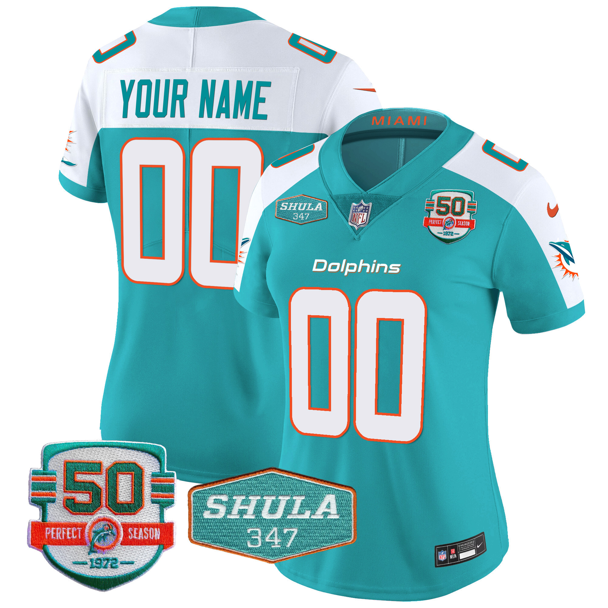 Miami Dolphins Shula 347 Patch Vapor Custom Aqua Alternate Jersey - All Stitched 