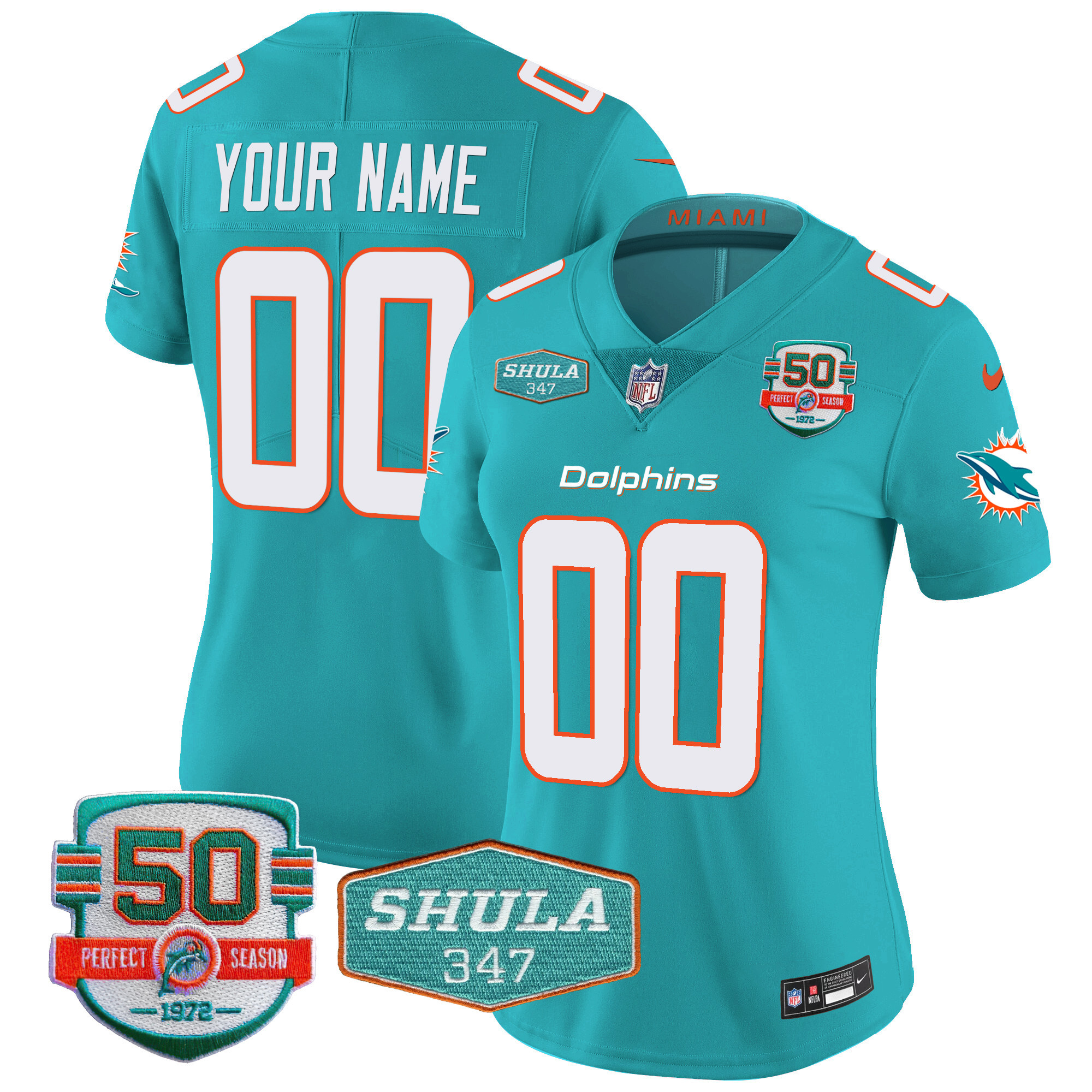 Miami Dolphins Shula 347 Patch Vapor Custom Aqua Jersey - All Stitched 