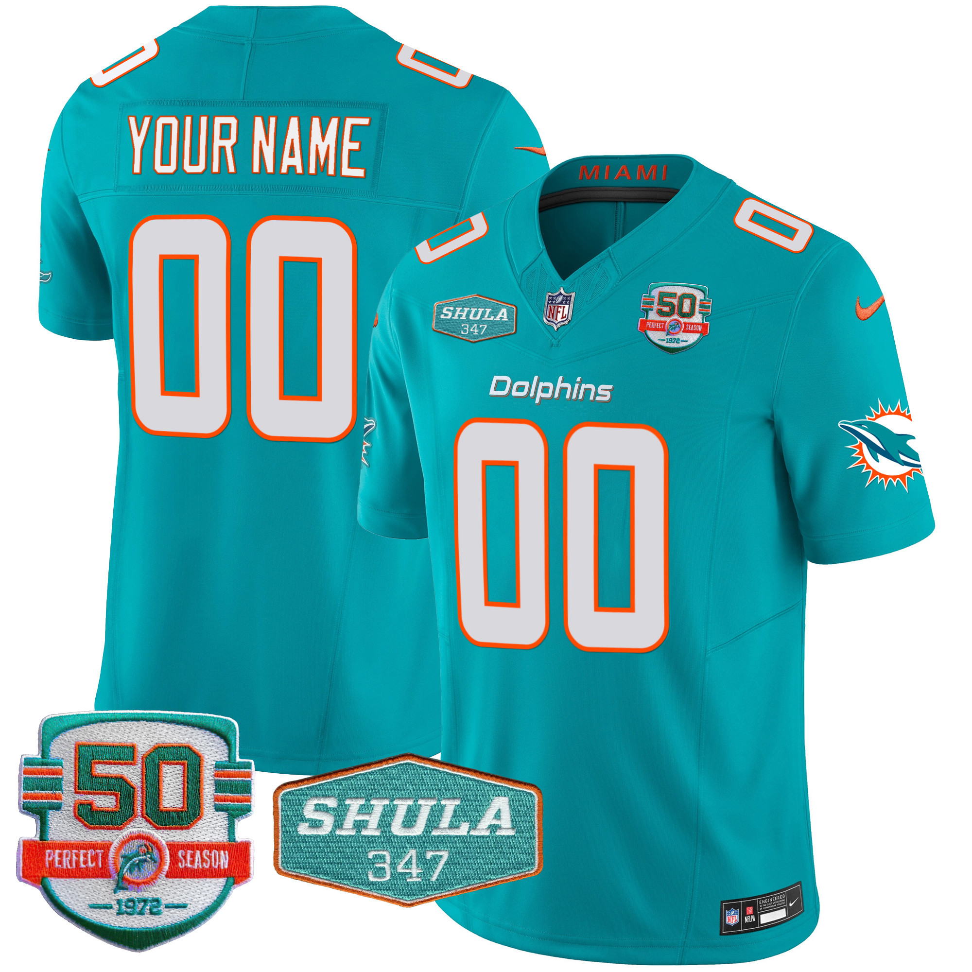 Miami Dolphins Shula 347 Patch Vapor Custom Aqua Jersey - All Stitched 
