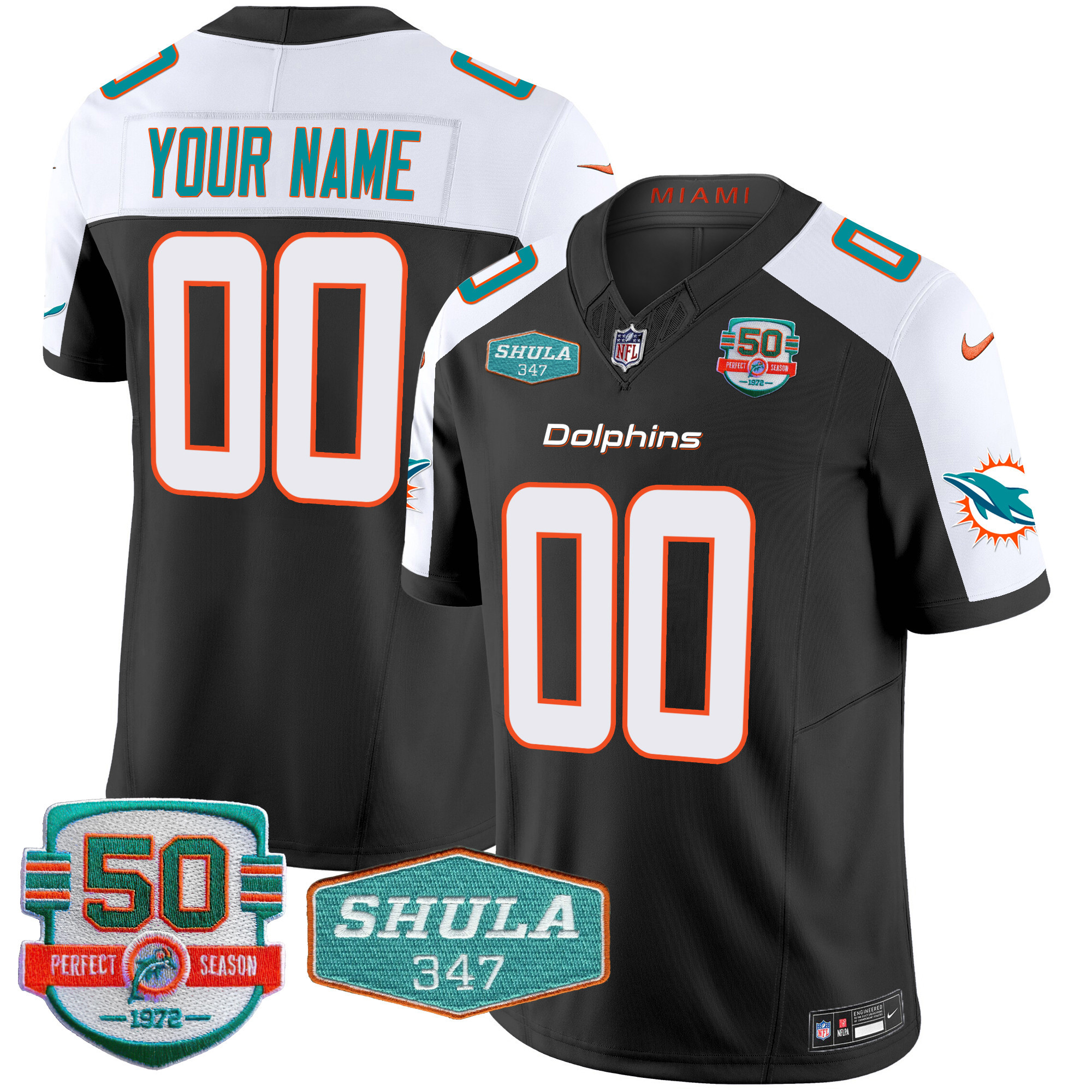 Miami Dolphins Shula 347 Patch Vapor Custom Black Alternate Jersey - All Stitched 