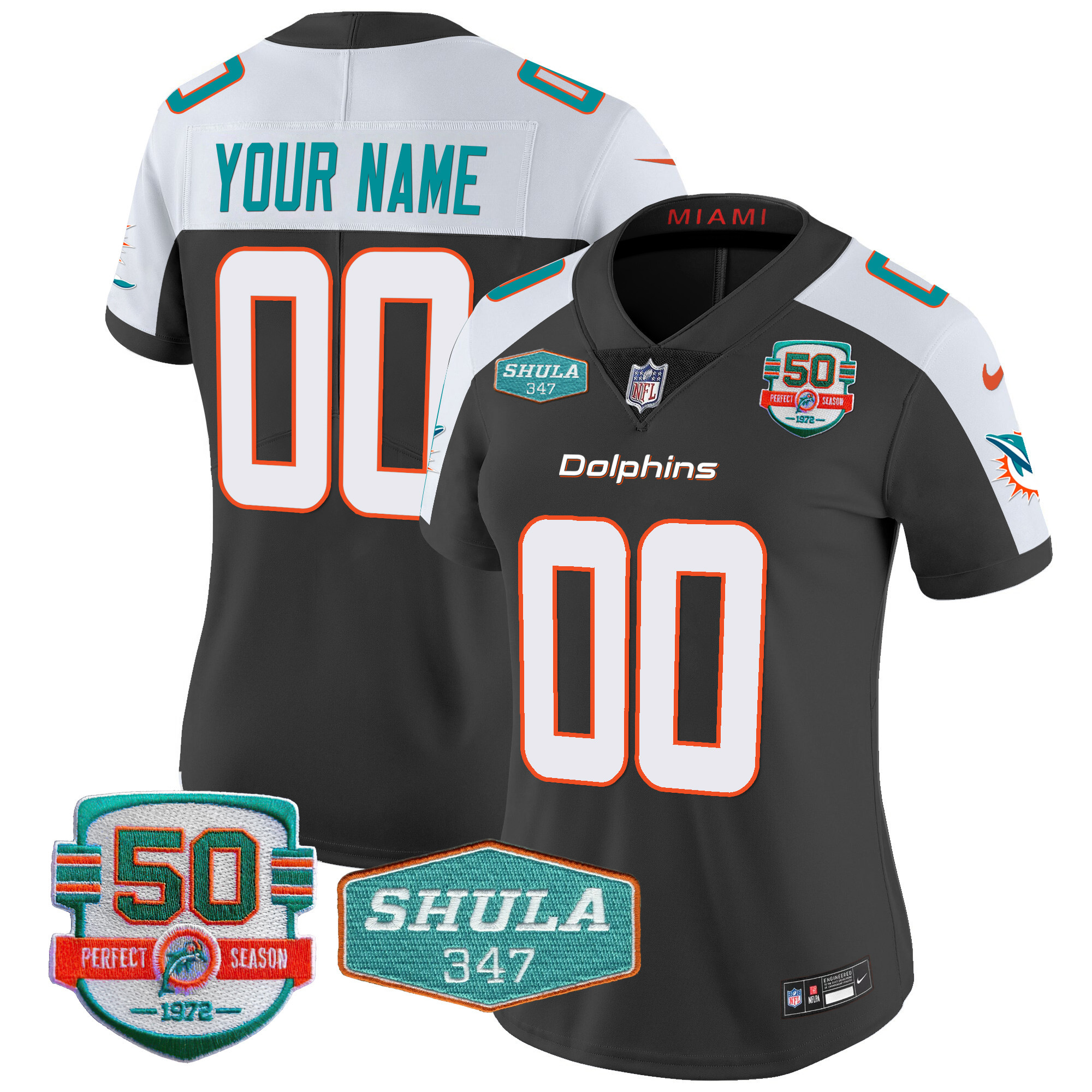 Miami Dolphins Shula 347 Patch Vapor Custom Black Alternate Jersey - All Stitched 
