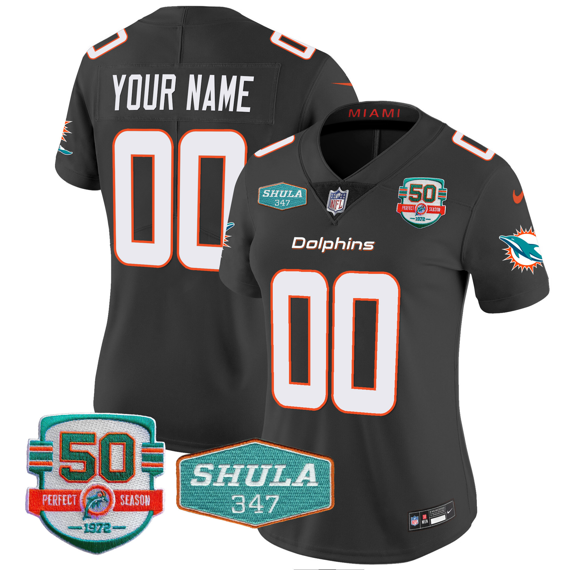 Miami Dolphins Shula 347 Patch Vapor Custom Black Jersey - All Stitched 