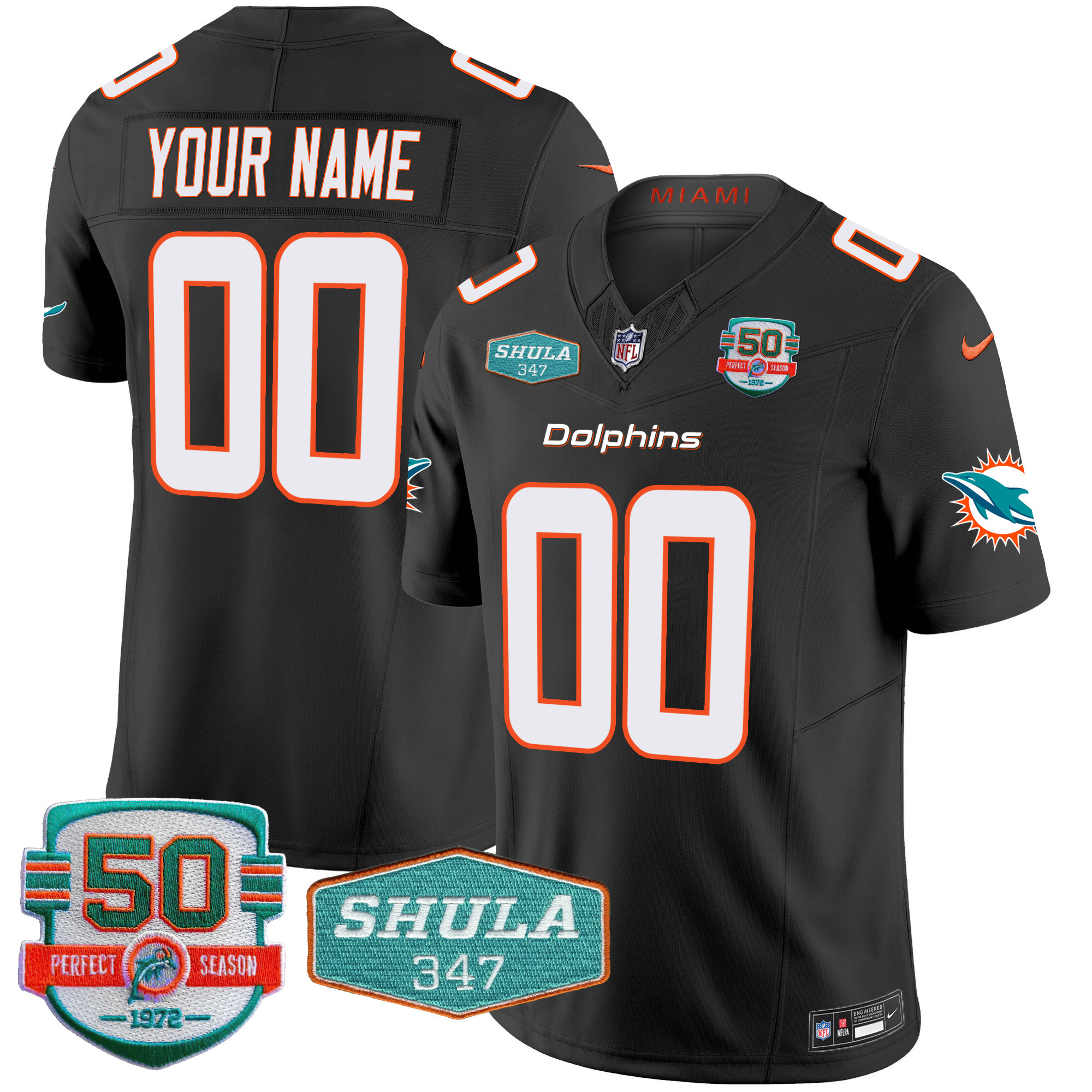 Miami Dolphins Shula 347 Patch Vapor Custom Black Jersey - All Stitched 