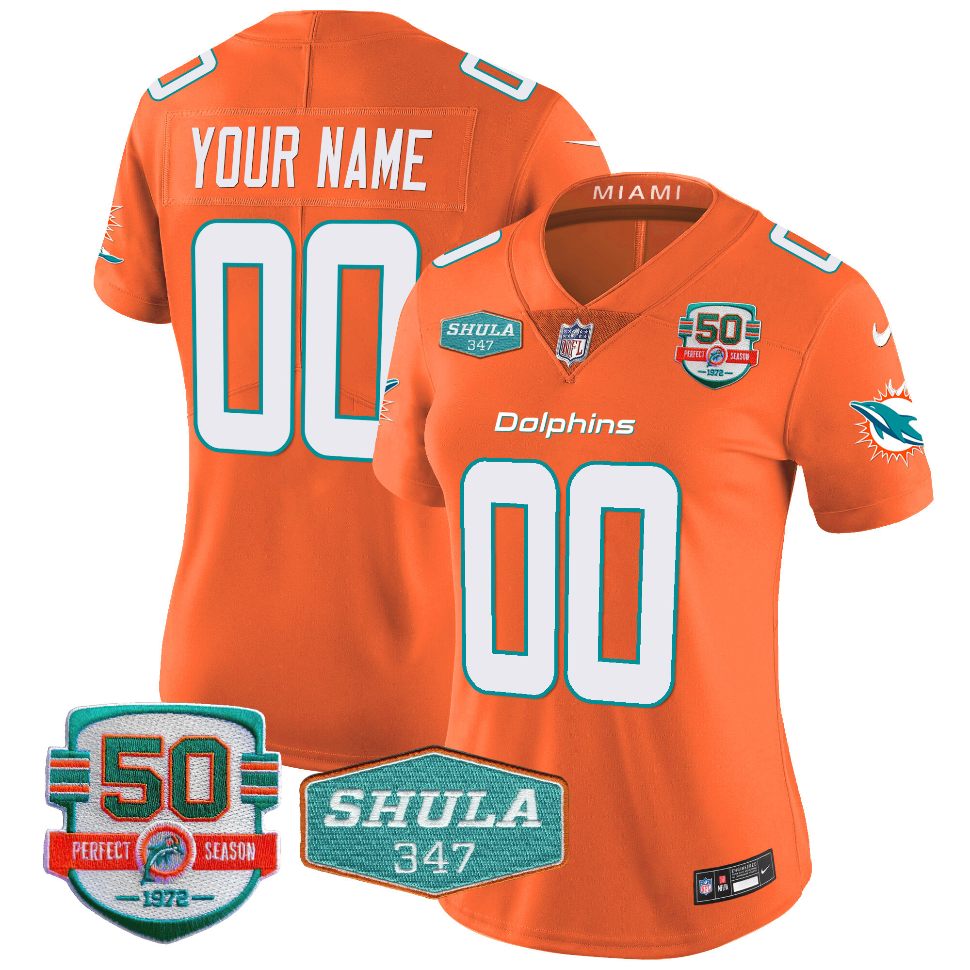 Miami Dolphins Shula 347 Patch Vapor Custom Orange Jersey - All Stitched 