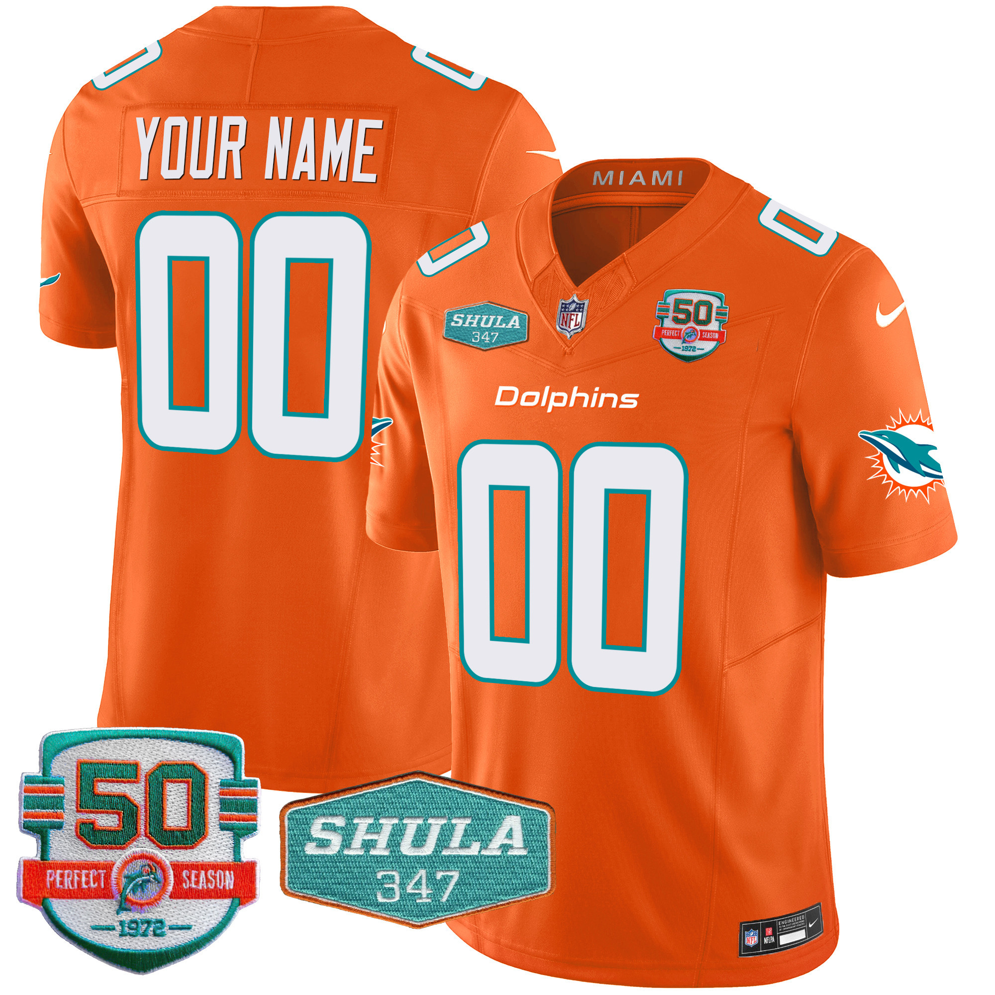 Miami Dolphins Shula 347 Patch Vapor Custom Orange Jersey - All Stitched 