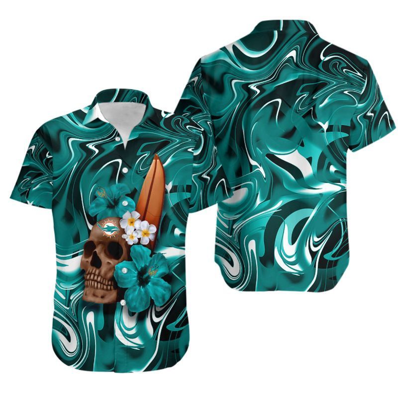 Miami Dolphins Skull and Hibiscus Flower Hawaiian Shirt