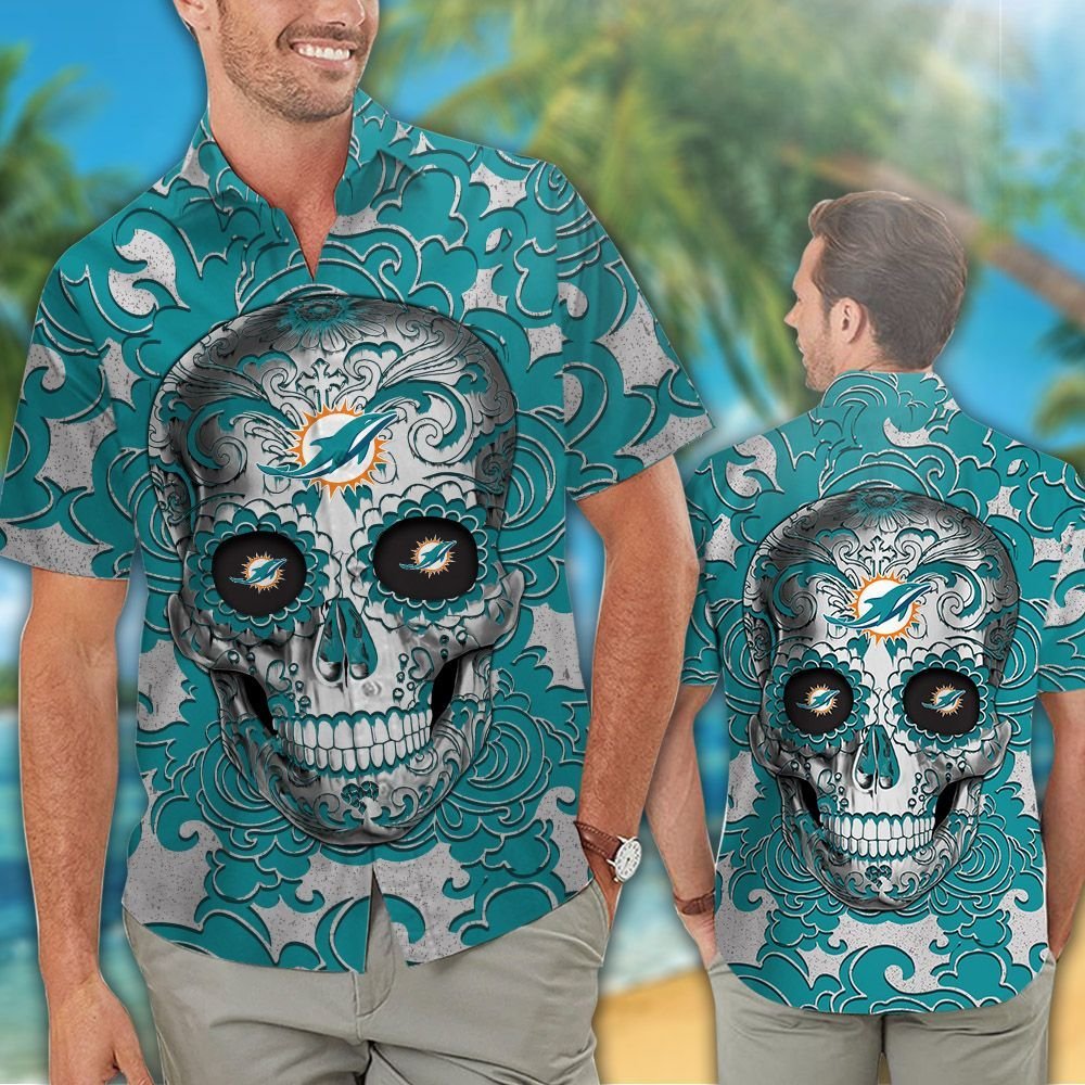 Miami Dolphins SugarSkull Tropical Hawaiian Shirt