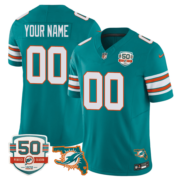 Miami Dolphins Throwback 50th Perfect Season & Florida Patch Vapor Custom Aqua Jersey - All Stitched 