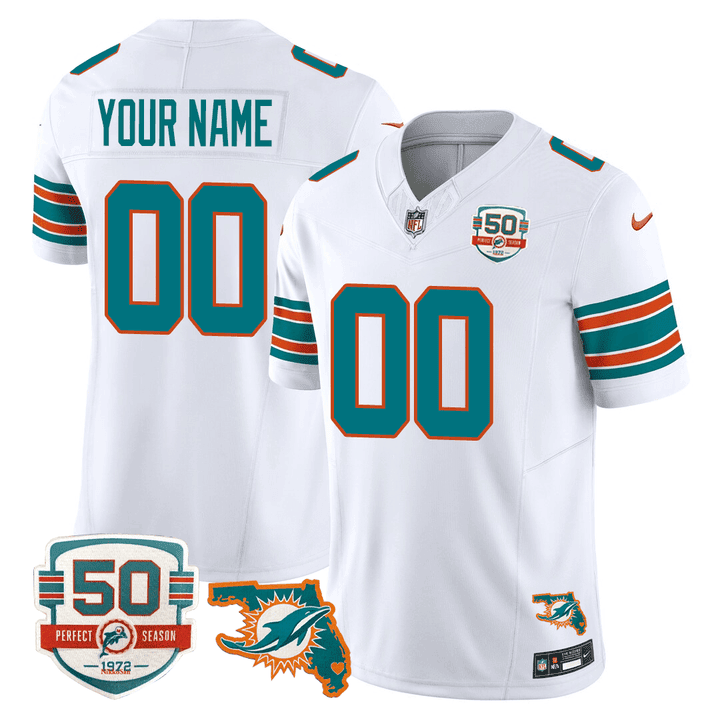 Miami Dolphins Throwback 50th Perfect Season & Florida Patch Vapor Custom White Jersey - All Stitched 