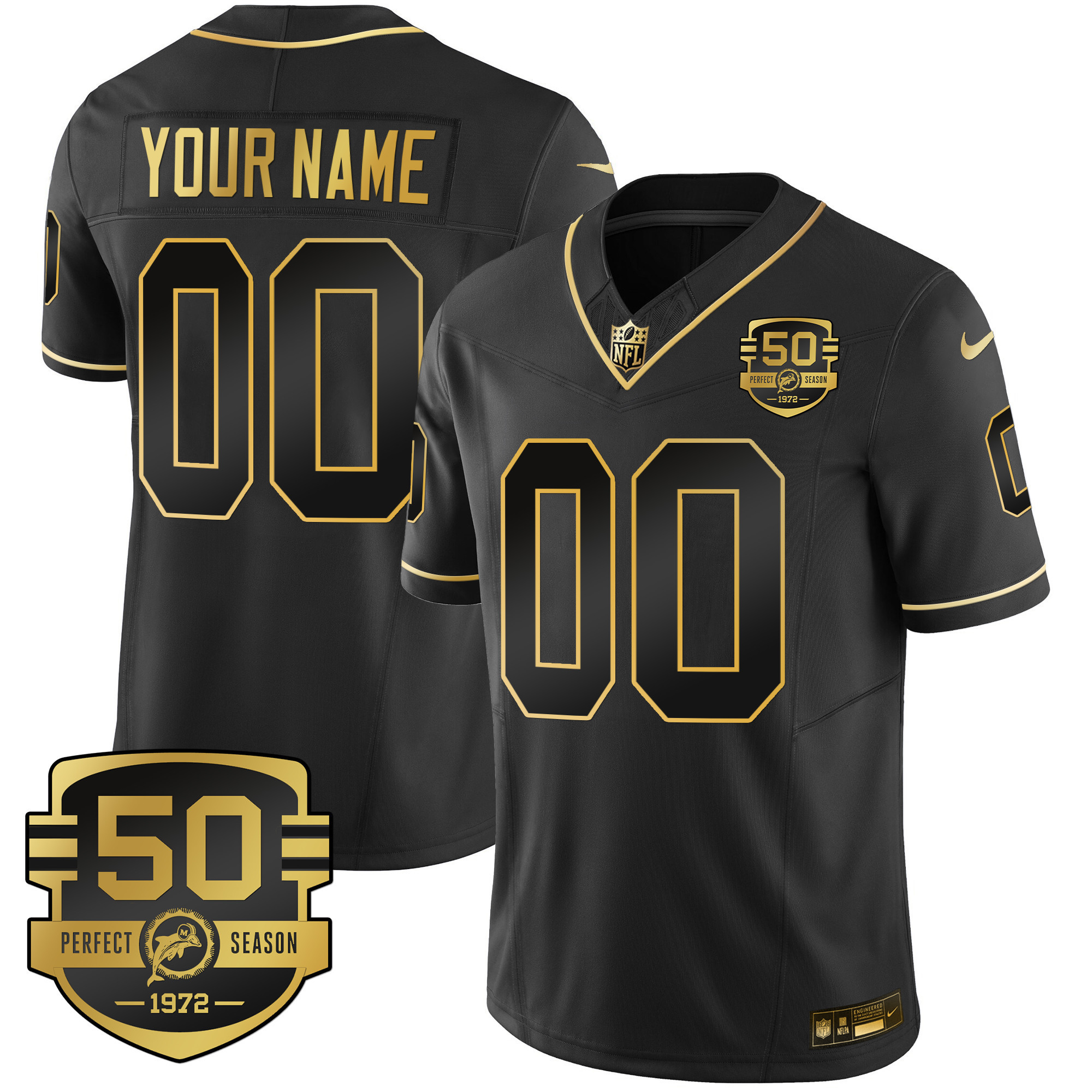 Miami Dolphins Throwback Gold Vapor Custom Black Gold Jersey - All Stitched 