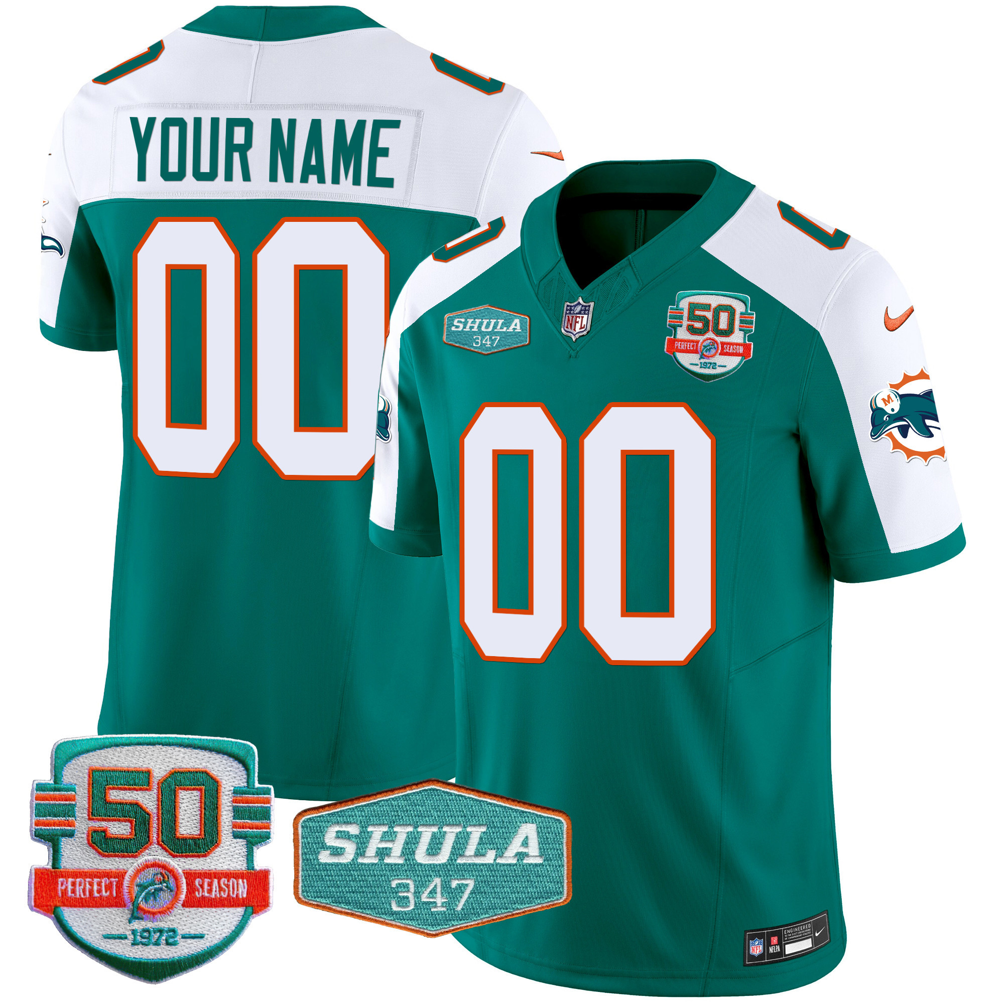 Miami Dolphins Throwback Shula 347 Patch Vapor Custom Aqua Alternate Jersey - All Stitched 