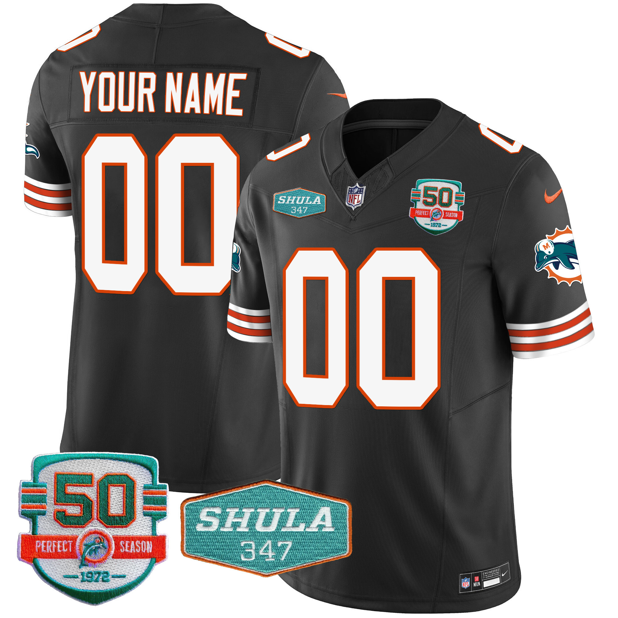 Miami Dolphins Throwback Shula 347 Patch Vapor Custom Black Jersey - All Stitched 