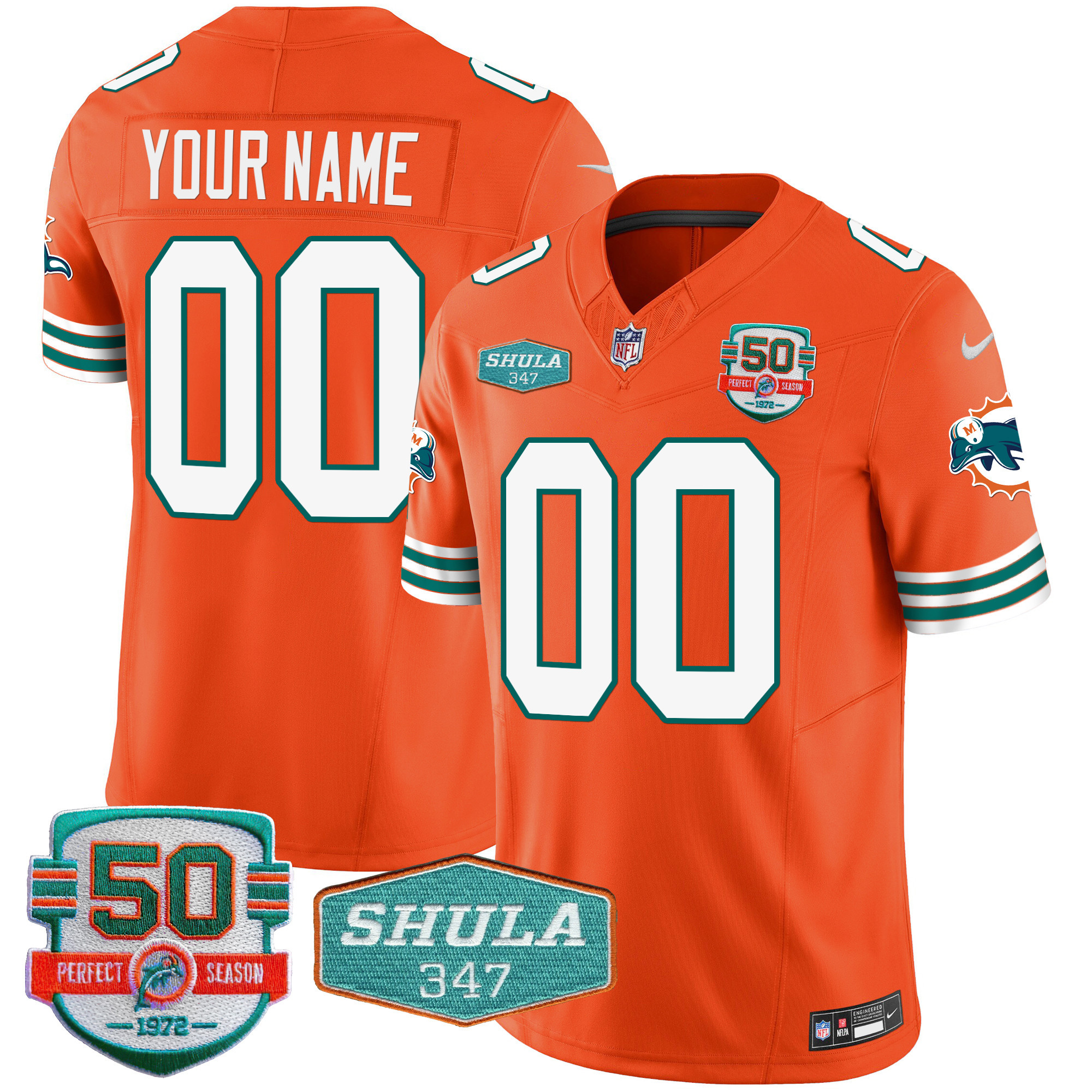Miami Dolphins Throwback Shula 347 Patch Vapor Custom Orange Jersey - All Stitched 