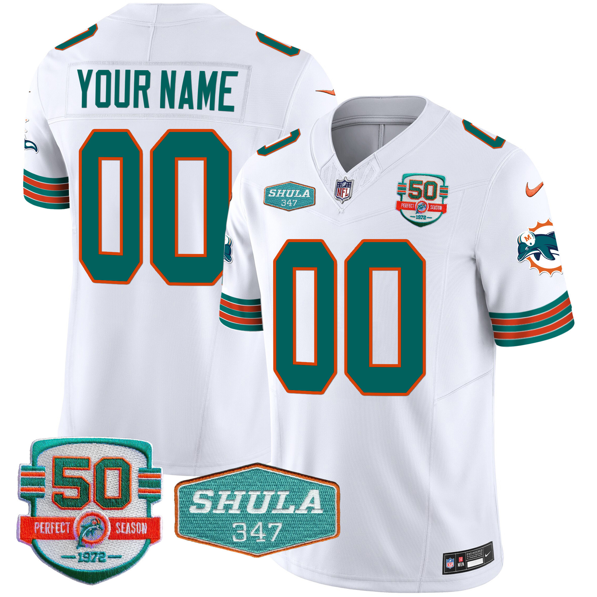 Miami Dolphins Throwback Shula 347 Patch Vapor Custom White Jersey - All Stitched 