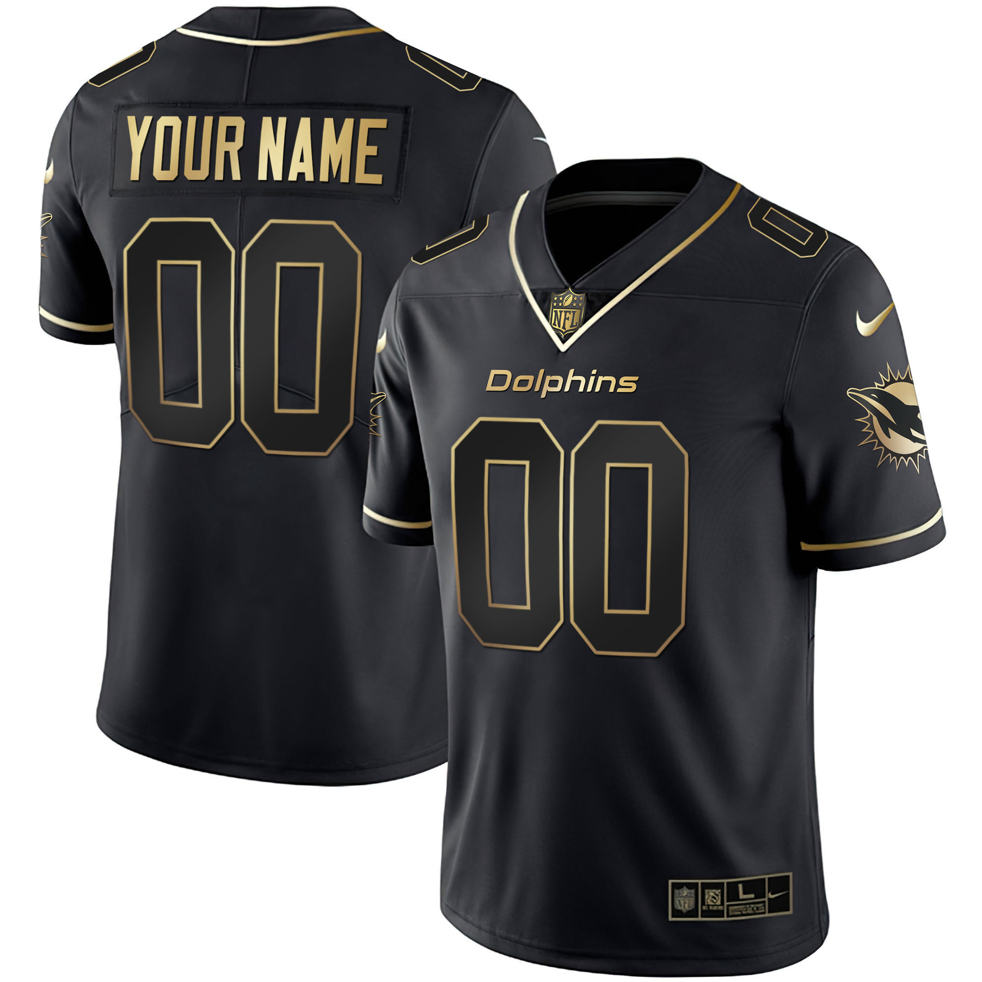 Miami Dolphins White Gold & Black Gold Custom Black Gold Jersey - All Stitched 