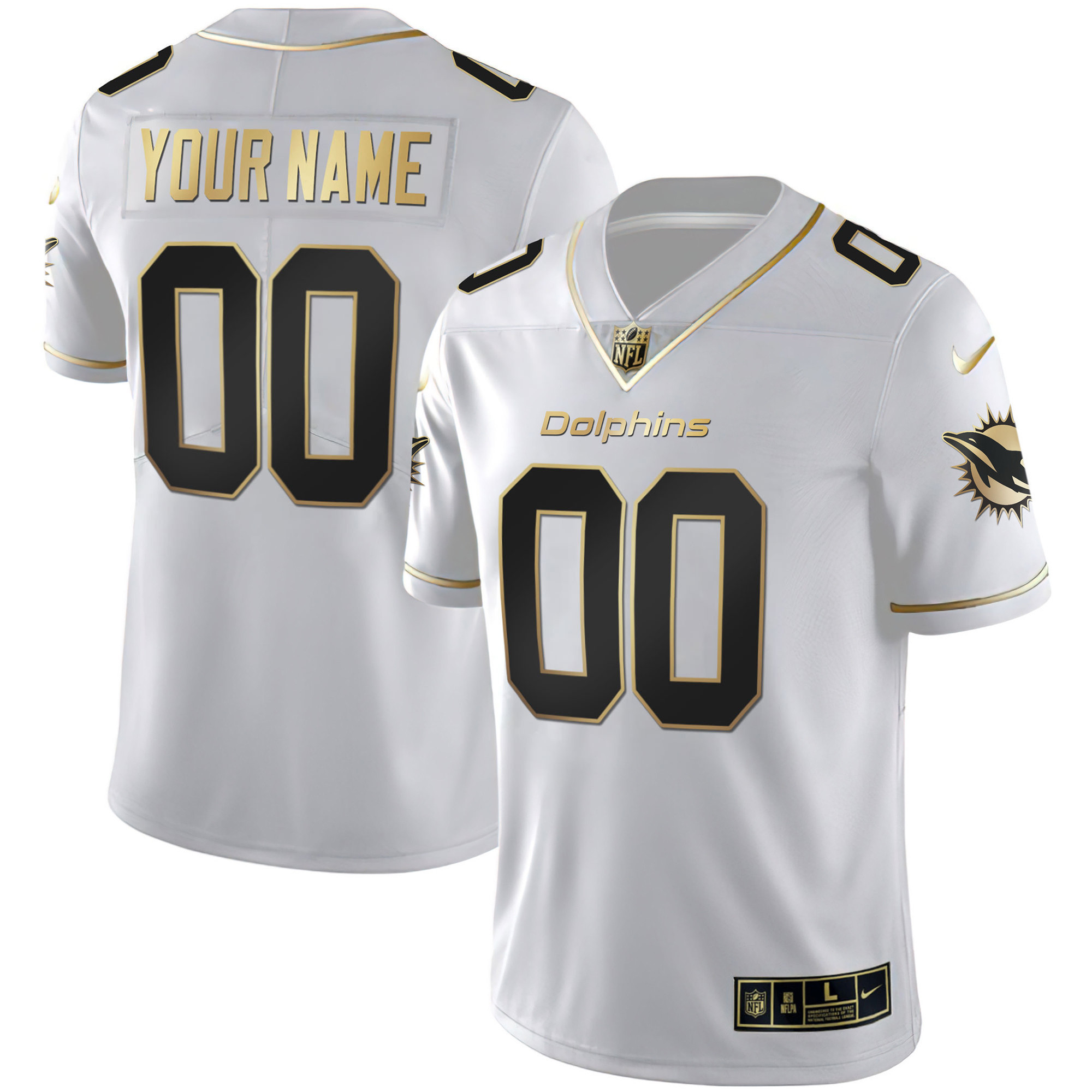 Miami Dolphins White Gold & Black Gold Custom White Gold Jersey - All Stitched 