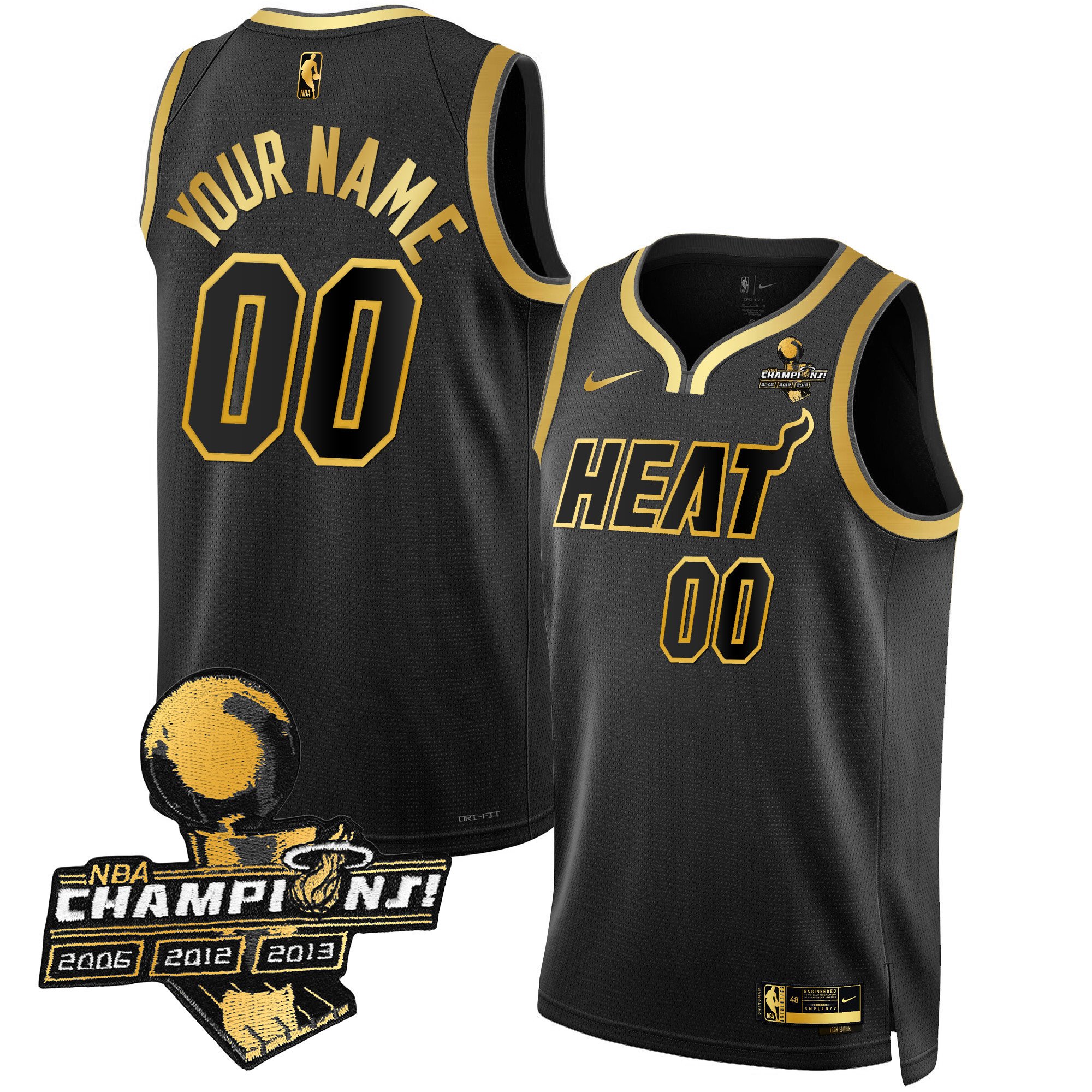 Miami Heat 3-Time Champions Patch Collection Custom Black Gold Jersey - All Stitched