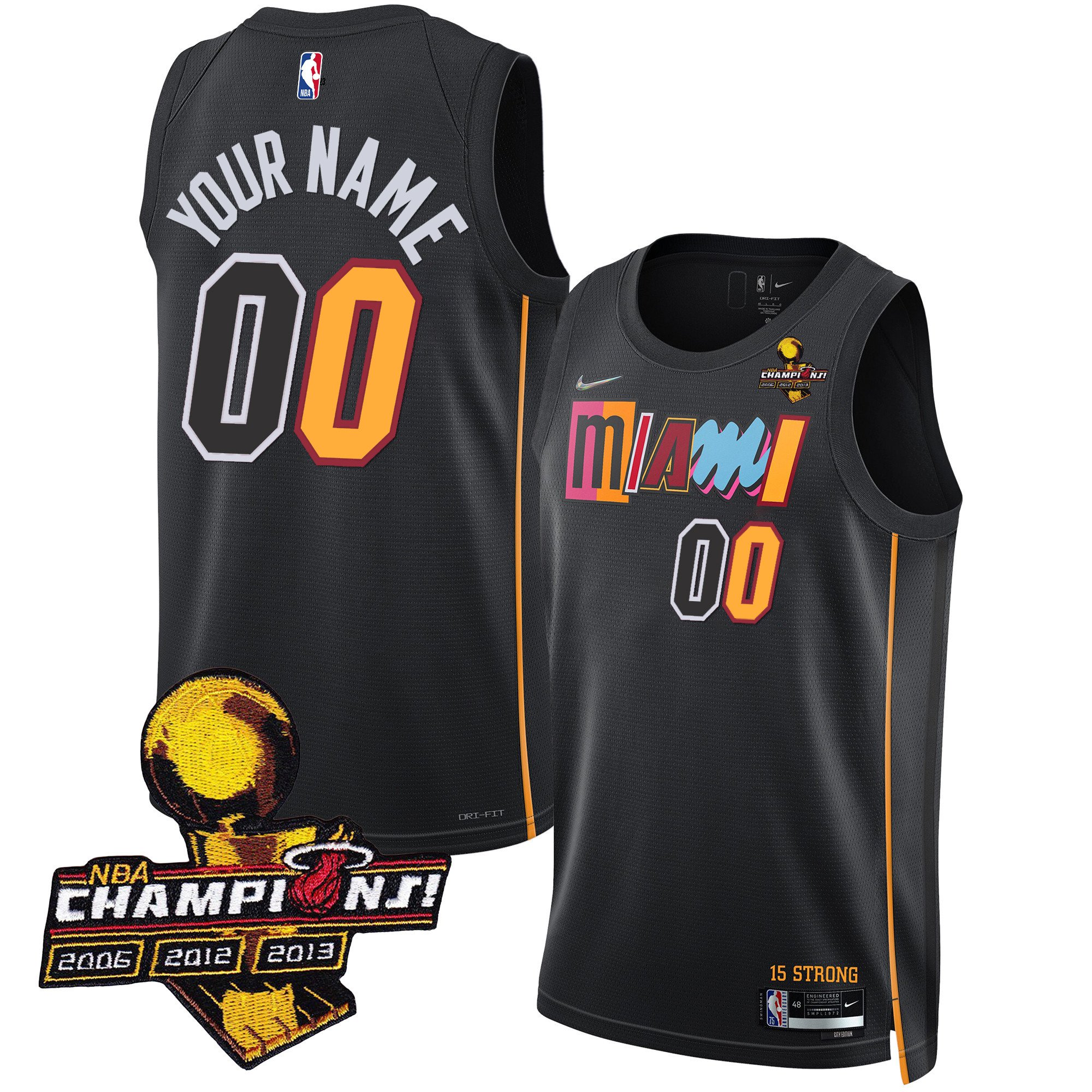Miami Heat 3-Time Champions Patch Collection Custom City Black Jersey - All Stitched