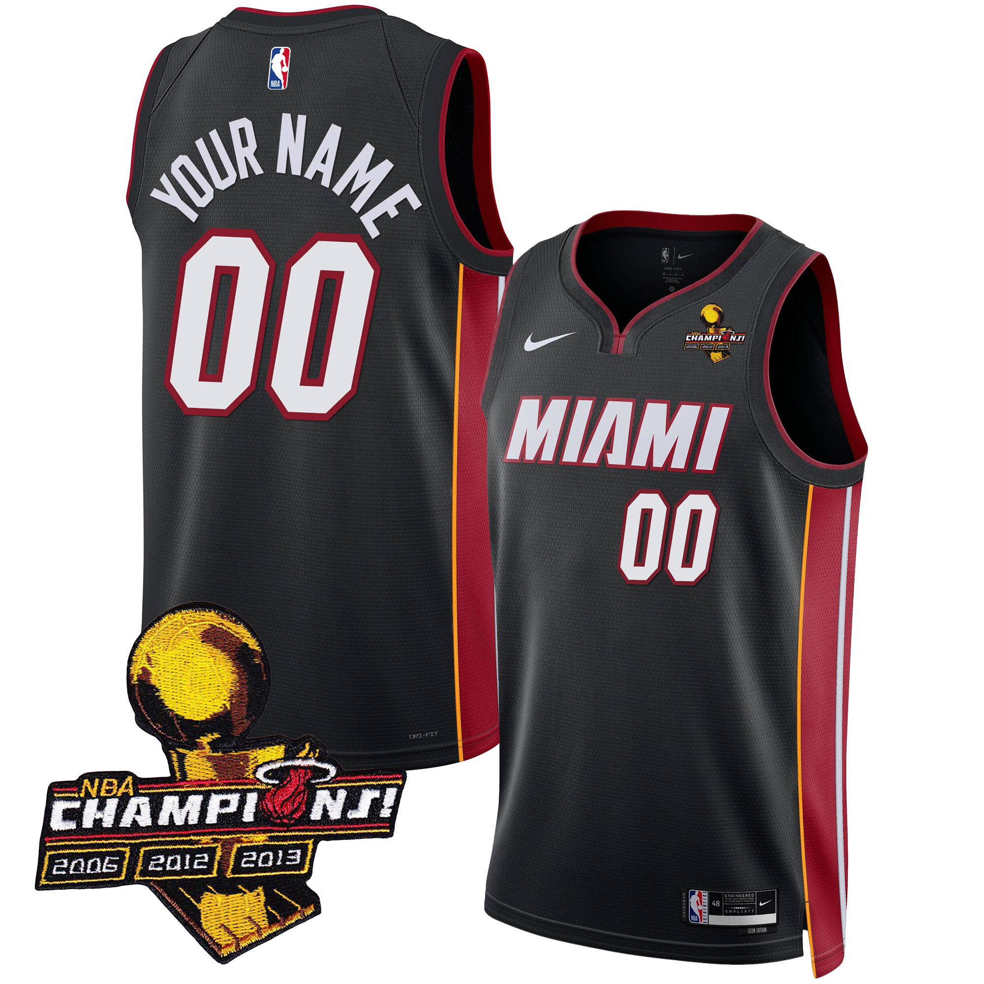Miami Heat 3-Time Champions Patch Collection Custom Icon Jersey - All Stitched