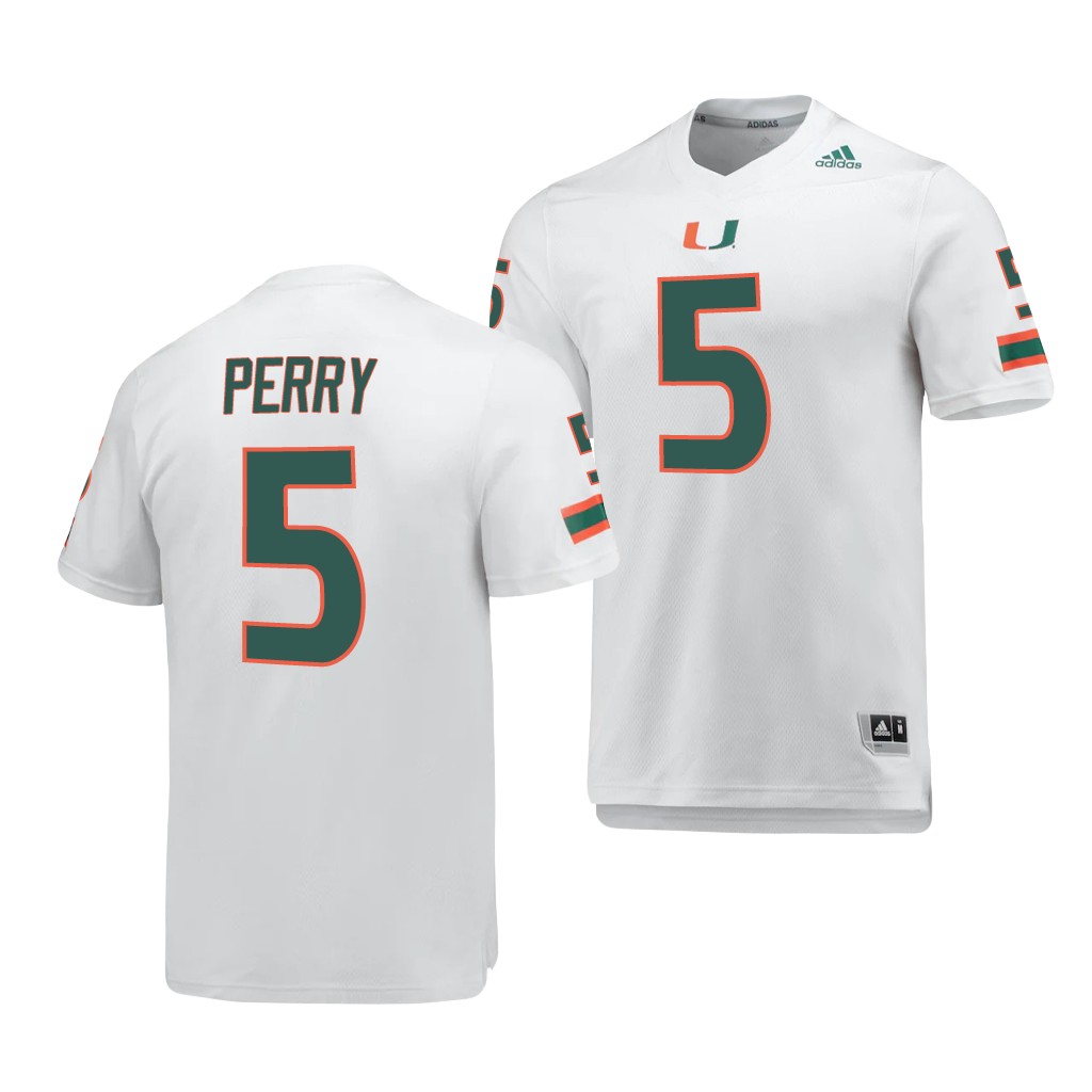 Miami Hurricanes 5 N'Kosi Perry White AEROREADY Jersey Men's