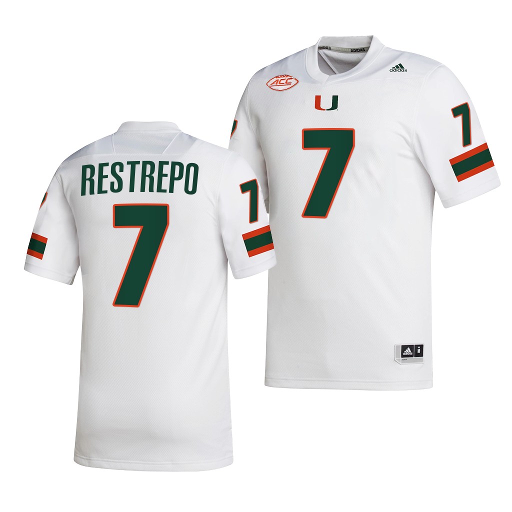 Miami Hurricanes Xavier Restrepo Jersey 2022-23 College White #7 NIL Men's Shirt