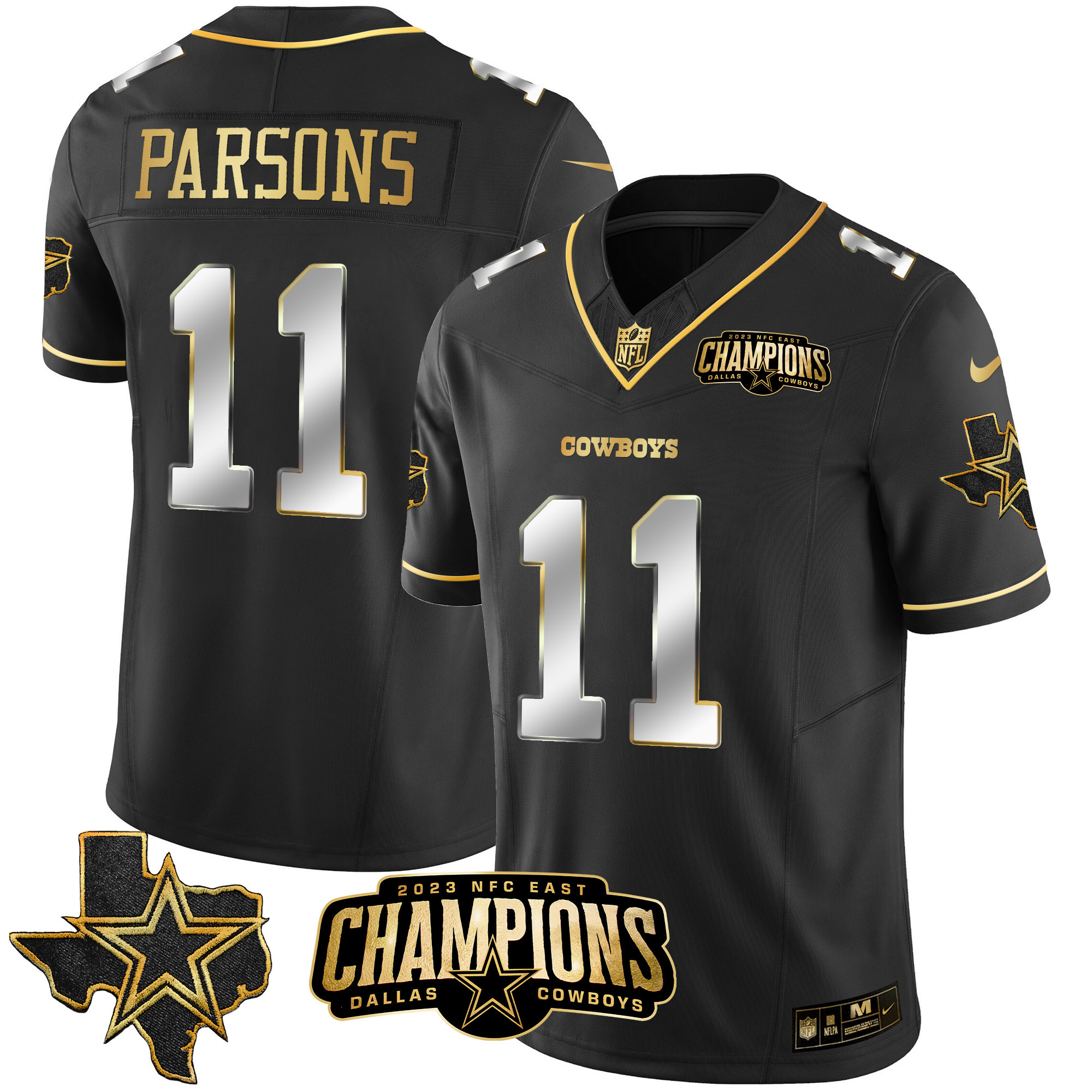 Micah Parsons Men's Dallas Cowboys 2023 NFC East Champions Patch Gold Vapor Black Limited Jersey - All Stitched 