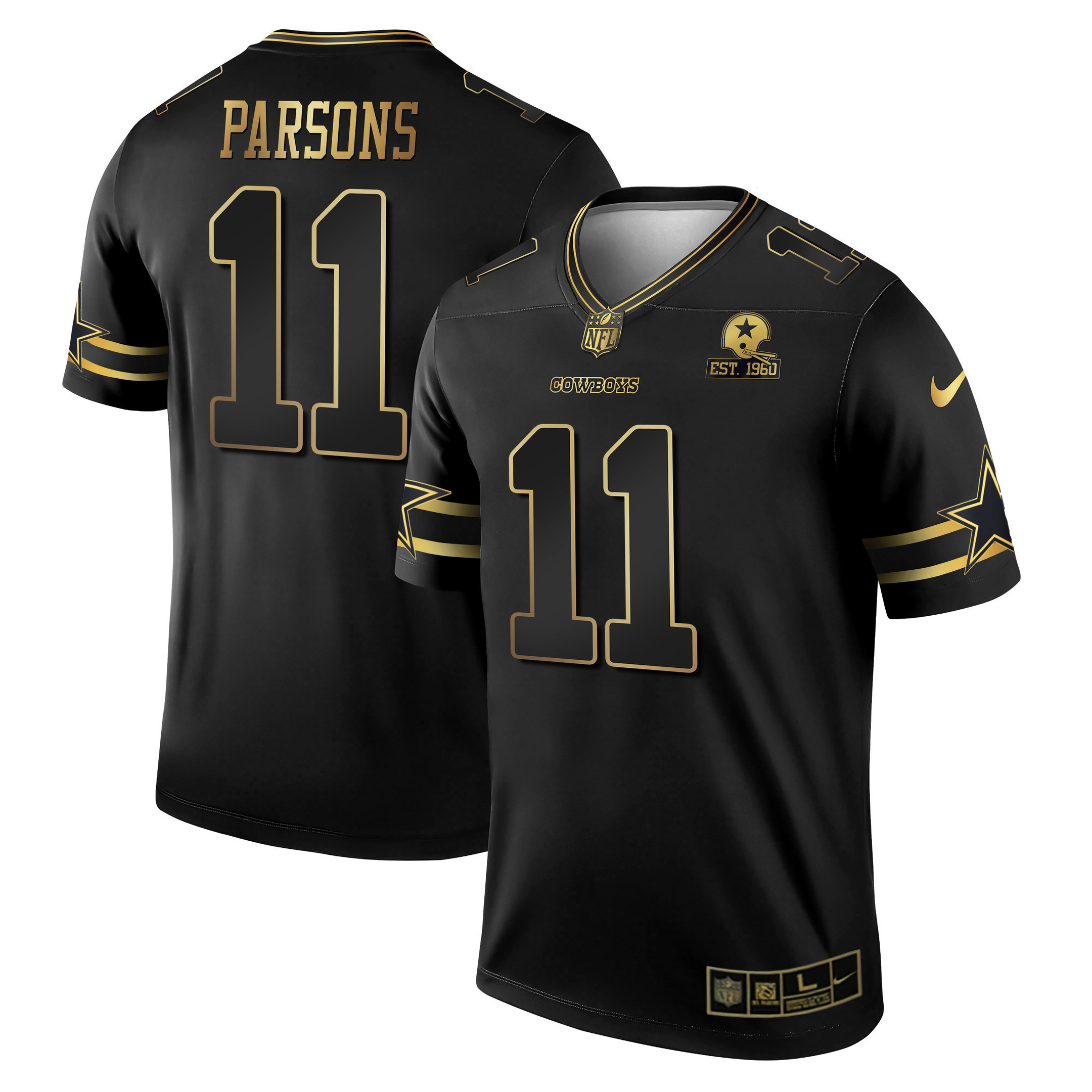 Micah Parsons Men's Dallas Cowboys Black & White Gold Game Team Est 1960 Patch Black Gold Jersey - All Stitched 
