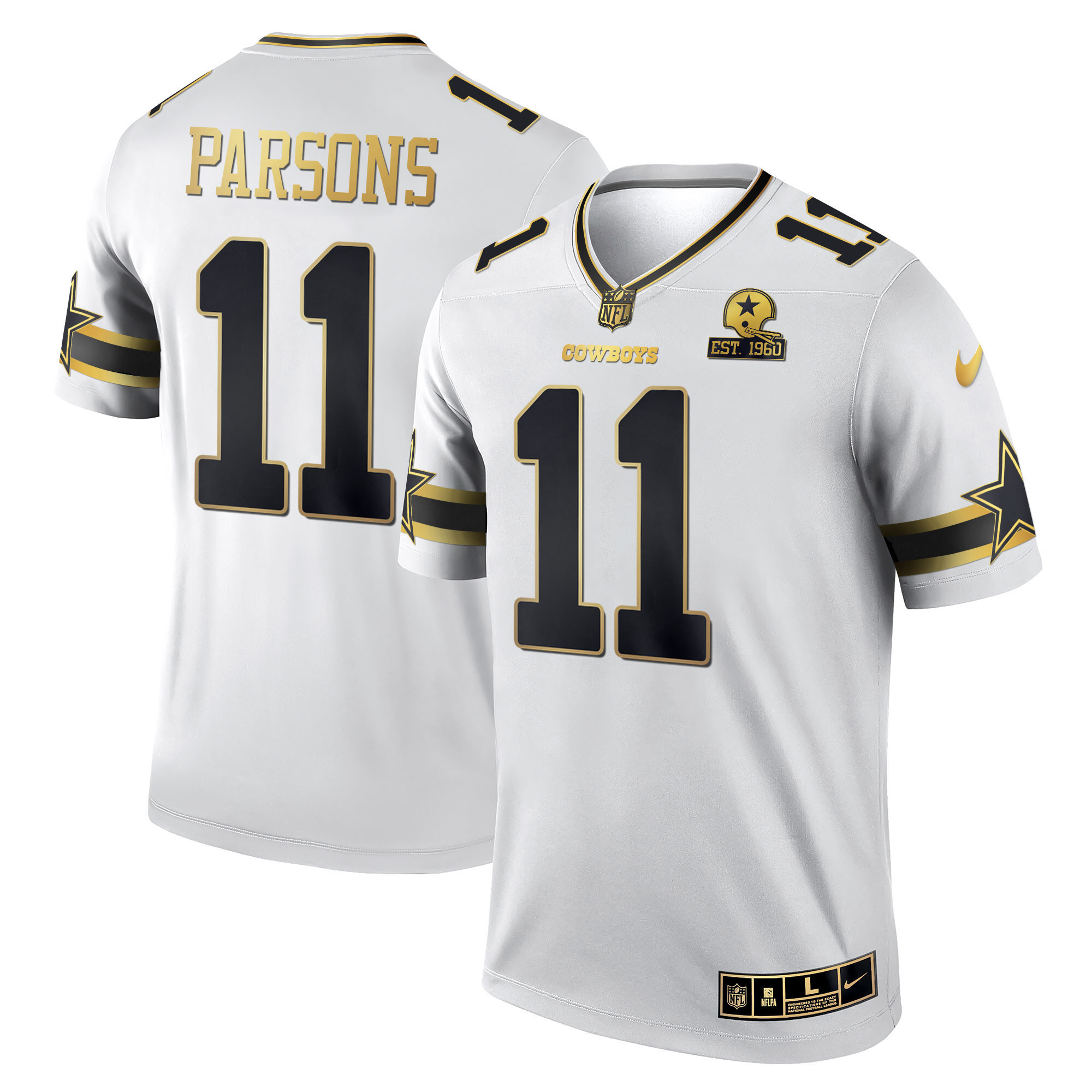 Micah Parsons Men's Dallas Cowboys Black & White Gold Game Team Est 1960 Patch White Gold Jersey - All Stitched 